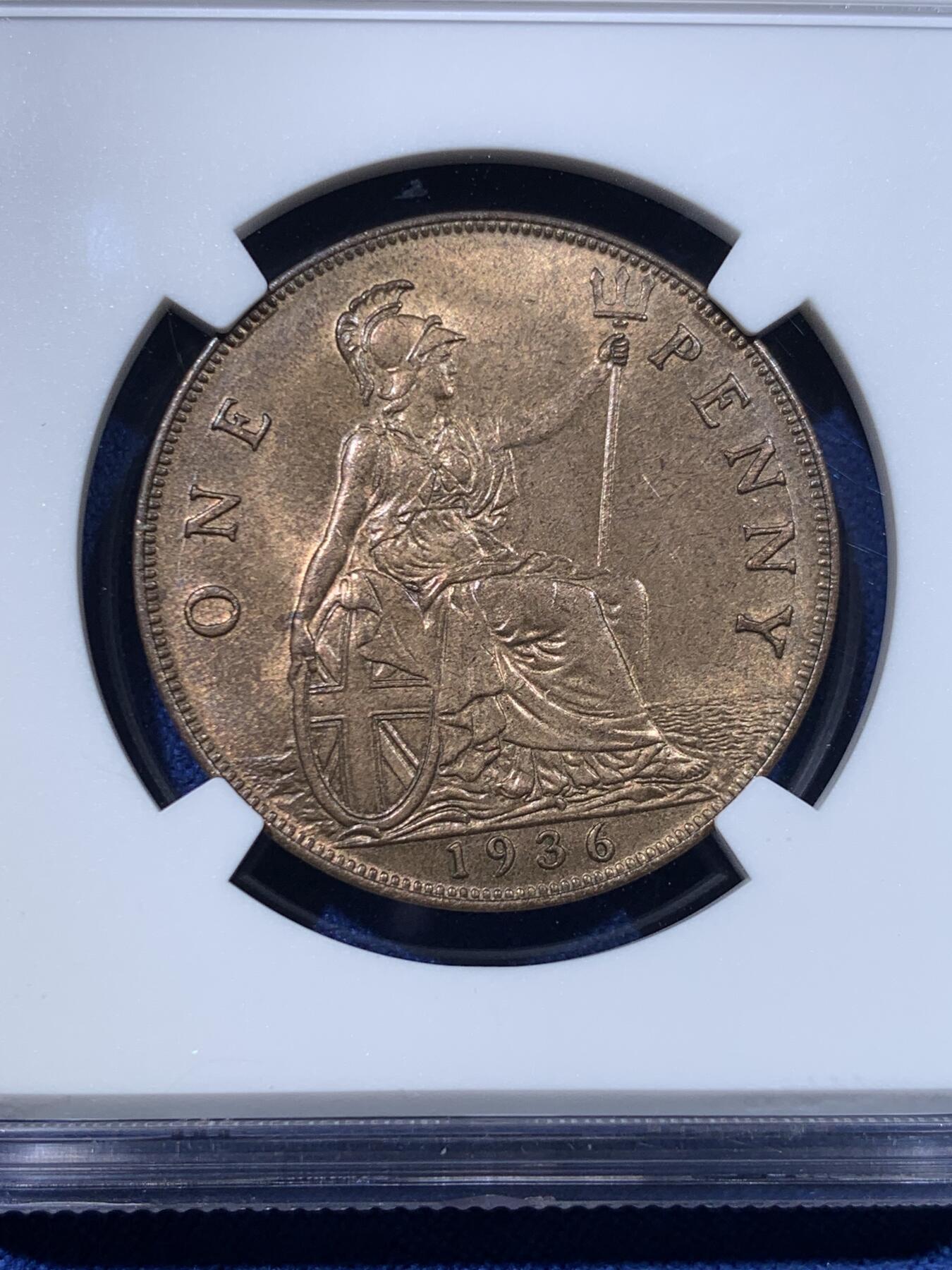 《竞宝斋》第482场 周日，周一 2场连拍 （全场包邮）20级店铺 欢迎送拍 NGC MS63BN 英国1936年乔治五世1便士大铜币，铜光挺好，状态不错，便士流通充分，好品较少