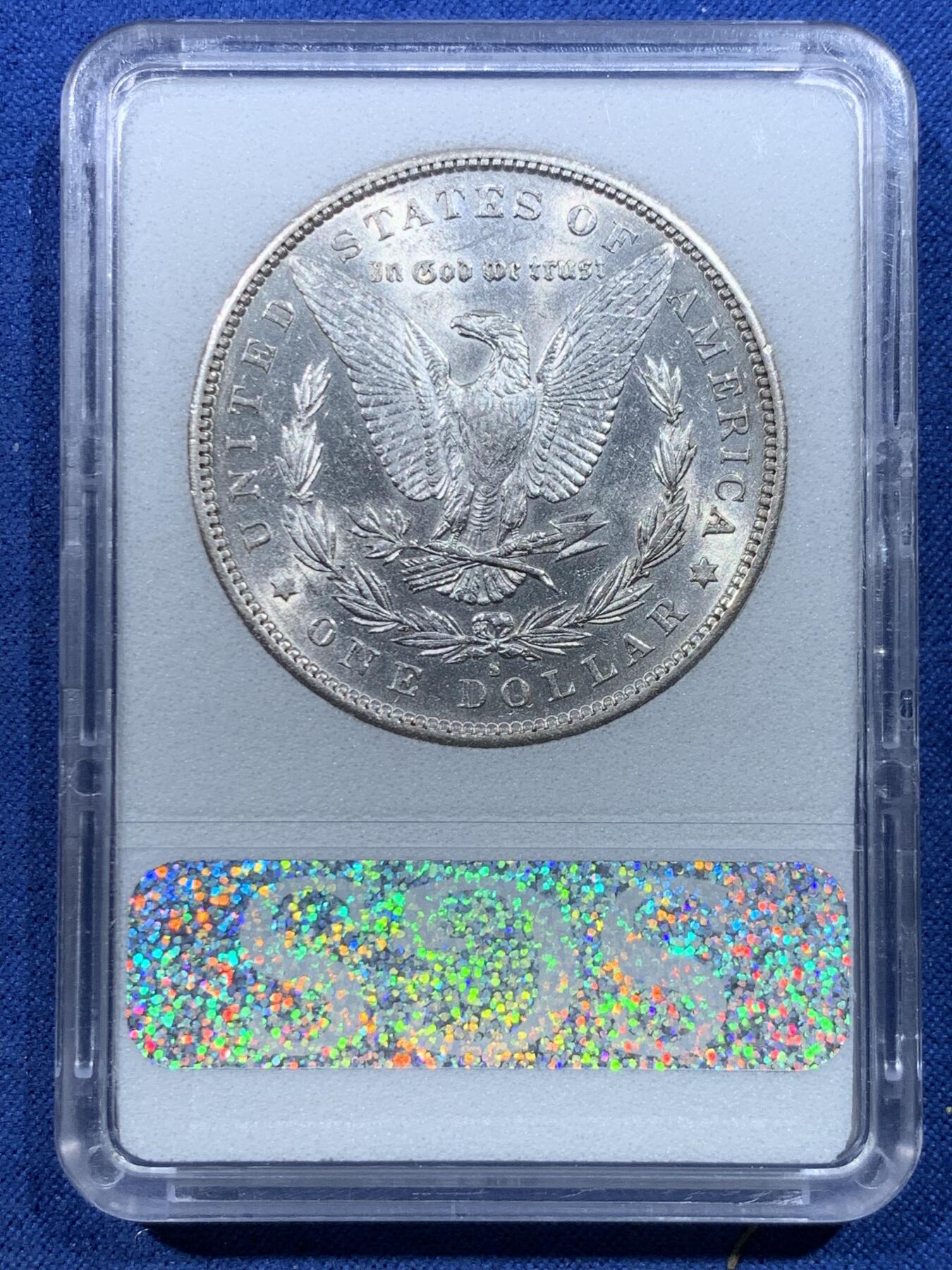 《竞宝斋》第482场 周日，周一 2场连拍 （全场包邮）20级店铺 欢迎送拍 SGS MS63 美国1890年摩根1美元银币 少见的封装盒 细节见图