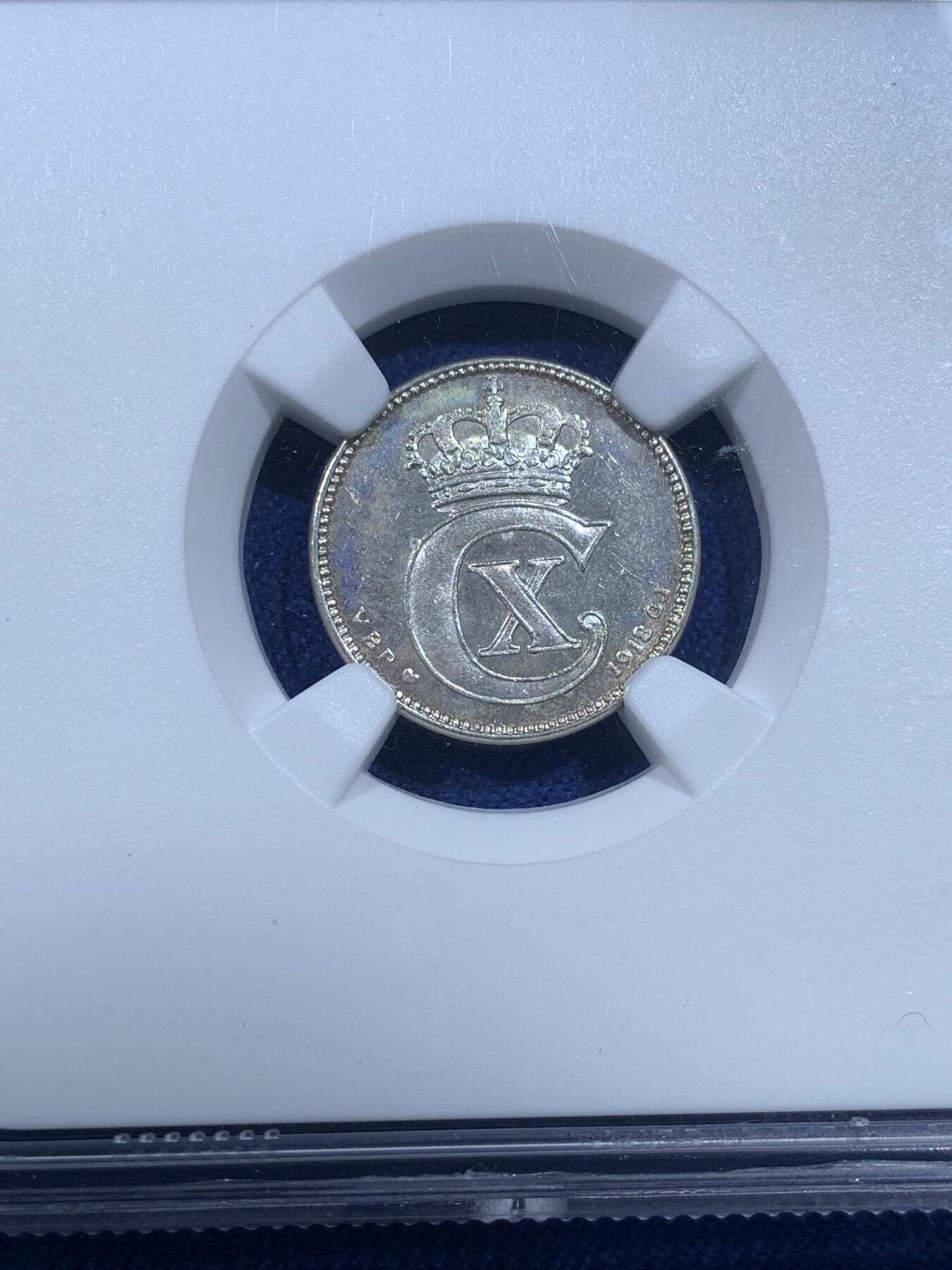 《竞宝斋》第482场 周日，周一 2场连拍 （全场包邮）20级店铺 欢迎送拍 NGC MS63 丹麦 1918年 25欧尔银币 凝光犀利 百年前的辅币这个状态也是难得了，值得入手