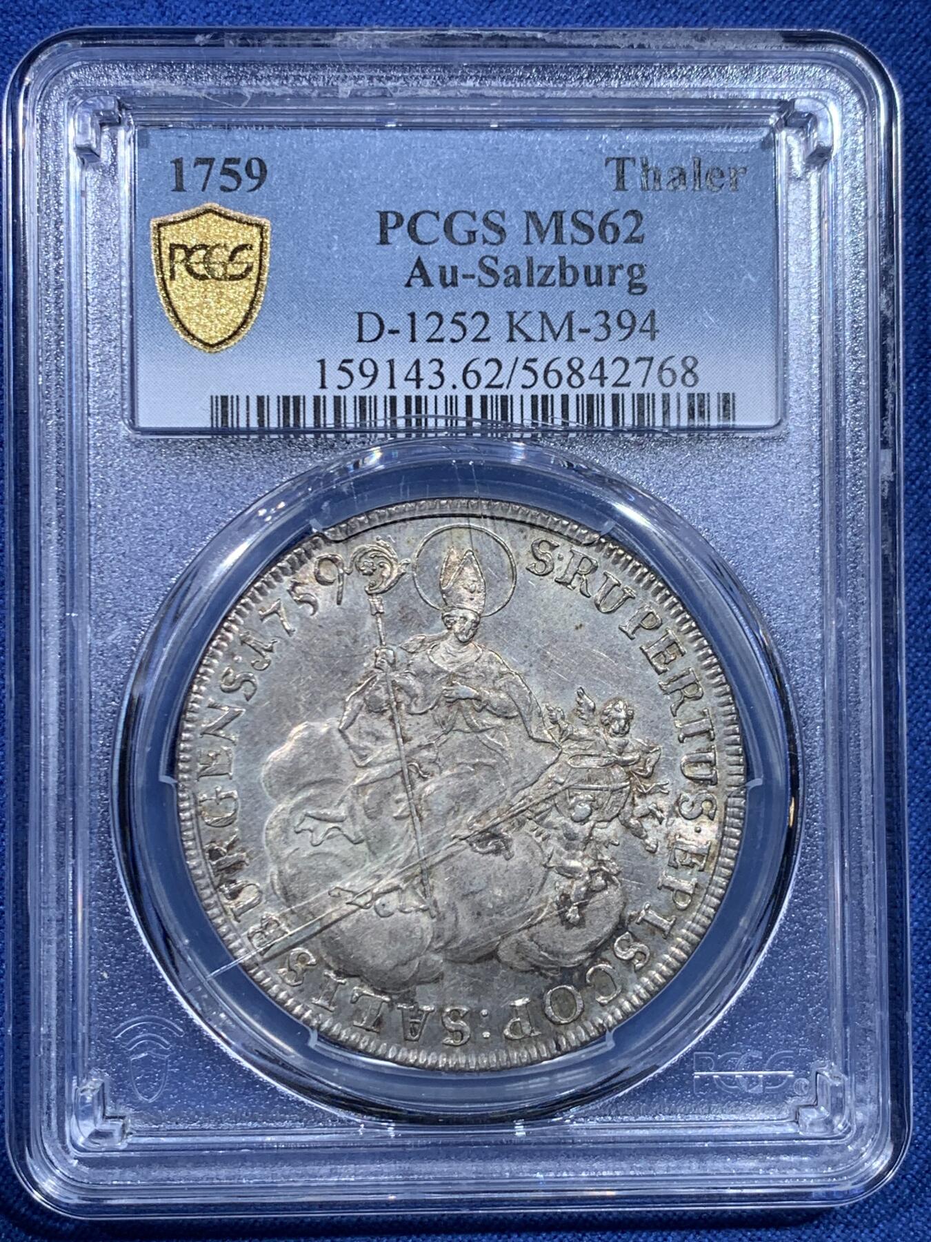 《竞宝斋》第482场 周日，周一 2场连拍 （全场包邮）20级店铺 欢迎送拍 唯一冠军分 PCGS MS62 神圣罗马帝国萨尔茨堡 1759年 主教区泰勒大银币 独年流通泰勒 好品极少 盒子上有裂纹 对于这样品质的藏品来说盒子问题已经可以忽略