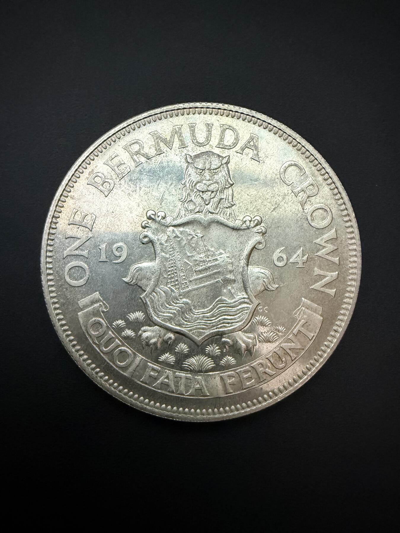 【周六 19:30】乾藏阁外国银币专场・裸币 / 评级币 + 银章铜章 保真包老 1964年 英属百慕大 1克朗 伊丽莎白二世银币 带彩光