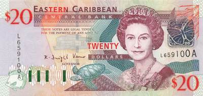 小福收藏拍卖第205期 裸钞场 本期有多张豹子号靓号  大量民国钞 百慕大样钞洋葱冠全套  阿富汗首年份查希尔国王和独立纪念碑 仅发行1000枚亚克力砖封蒙古20000图格里克帝国800周年纪念钞 卢旺达 东加勒比 斯里兰卡等多国精美纸币 东加勒比（A） 安提瓜 2003年 20元 无47 双尾 unc