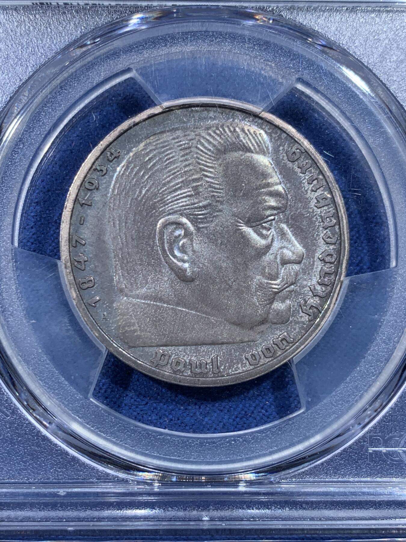 《竞宝斋》第482场 周日，周一 2场连拍 （全场包邮）20级店铺 欢迎送拍 PCGS PR65 德国 1935A 兴登堡精制5马克 亚军分，高分精制主币，五彩镜面