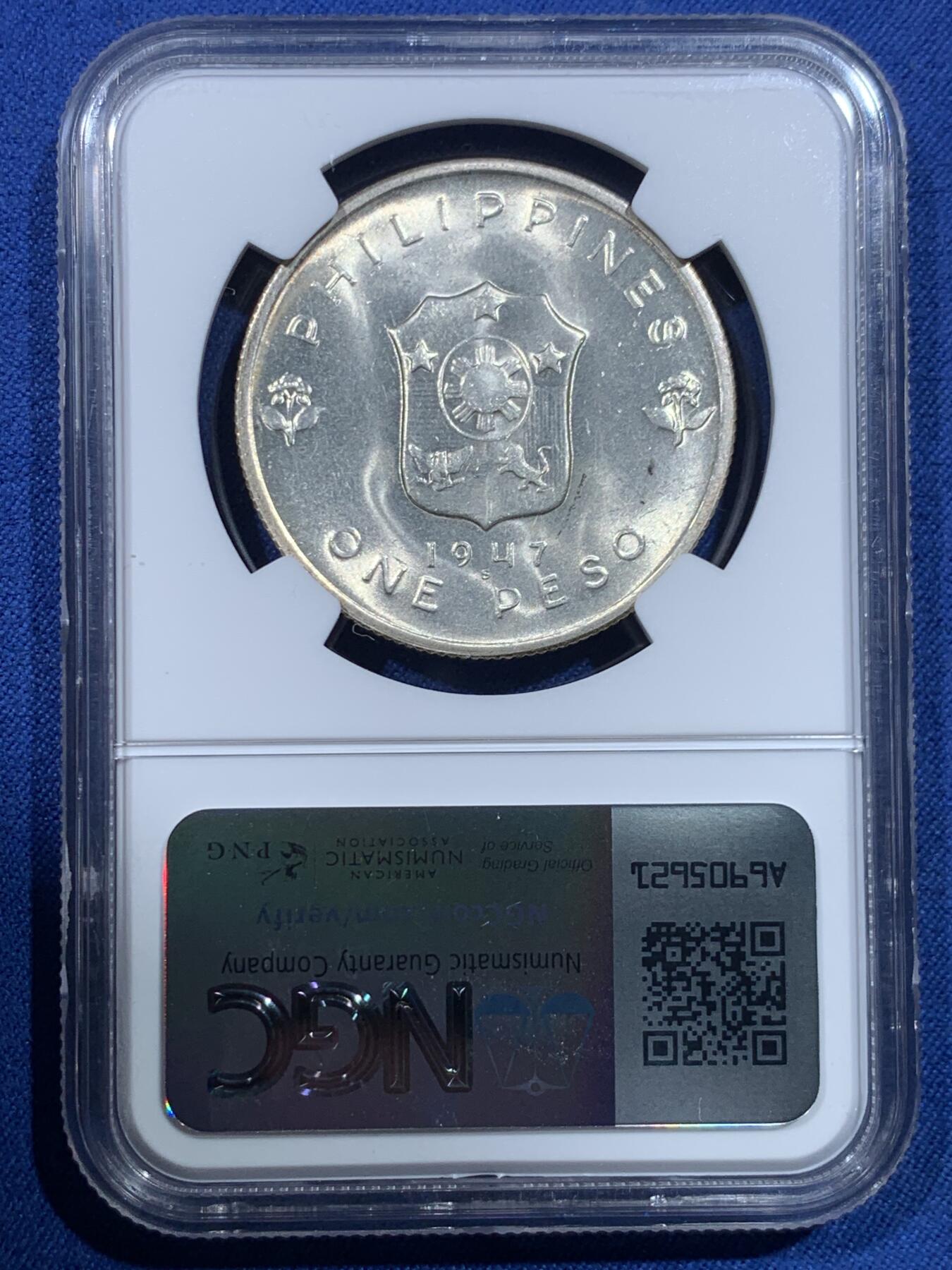 《竞宝斋》第482场 周日，周一 2场连拍 （全场包邮）20级店铺 欢迎送拍 NGC MS65 高分 1947S 美属菲律宾 1比索 麦克阿瑟大银币 个人认为低评了 大热品种 漂亮的白币