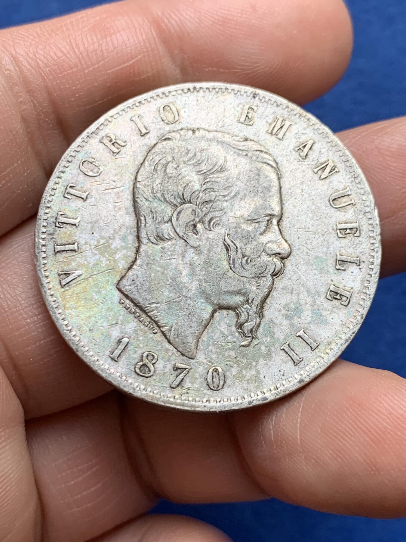 《竞宝斋》第482场 周日，周一 2场连拍 （全场包邮）20级店铺 欢迎送拍 意大利1870年艾曼纽尔二世5里拉银币