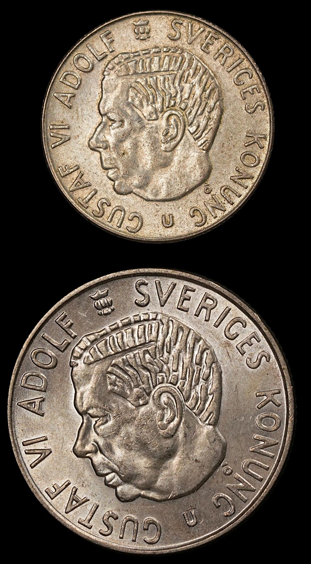 修遠堂世界钱币第112期  瑞典古斯塔夫六世 1 克朗 / 2 克朗银币两枚，未流通，总重21g，含银40%