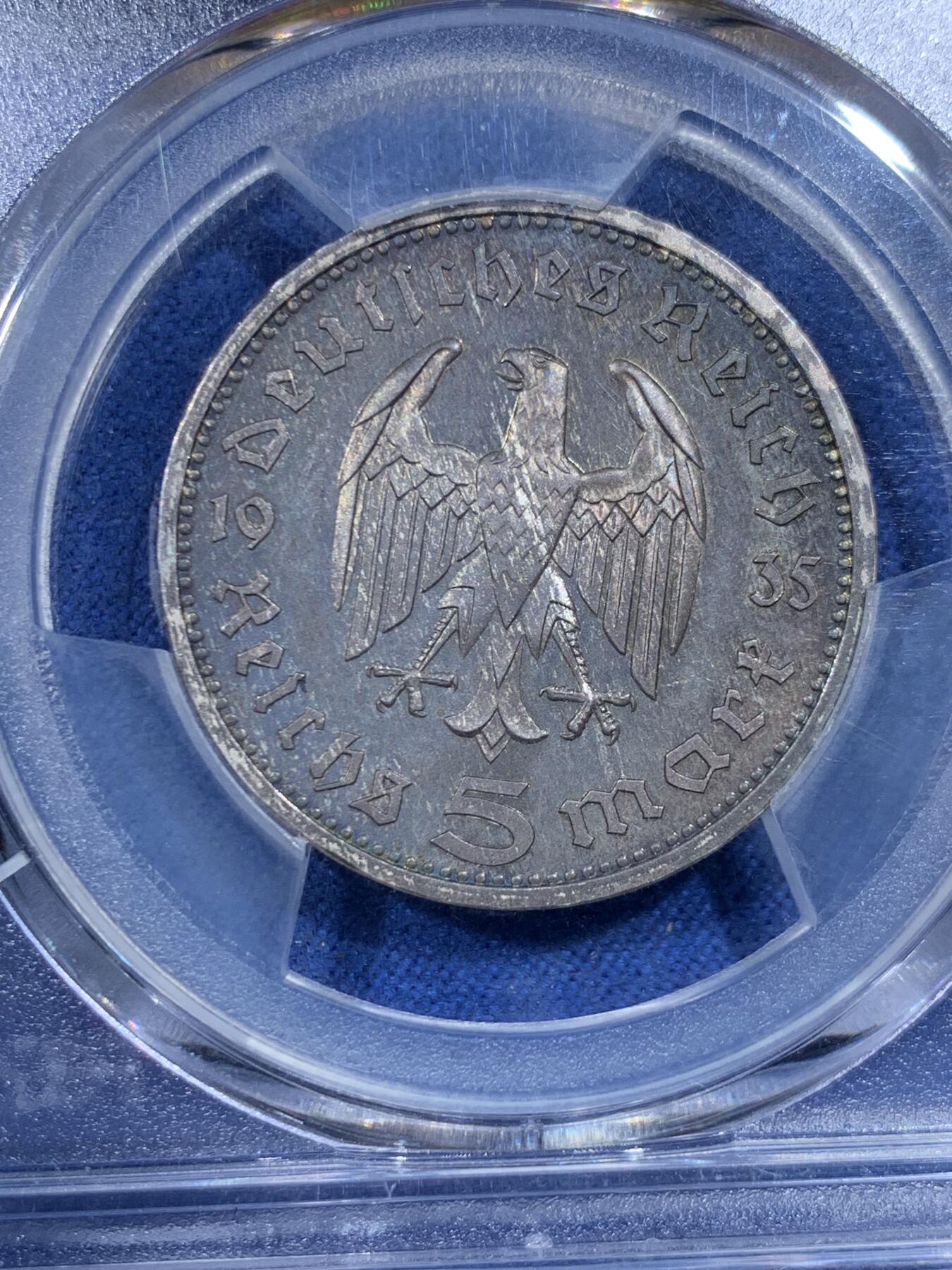 《竞宝斋》第482场 周日，周一 2场连拍 （全场包邮）20级店铺 欢迎送拍 PCGS PR65 德国 1935A 兴登堡精制5马克 亚军分，高分精制主币，五彩镜面