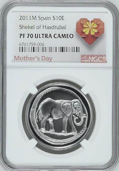 S&S Numismatic世界钱币-拍卖 第126期  西班牙2011年 钱币瑰宝 – 第三辑 – 迦太基与西哥特钱币 10欧元精制纪念银币 NGC PF70UC冠军分 母亲节特殊标 27克925银