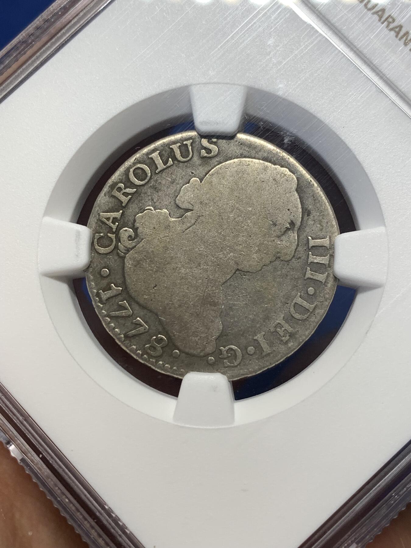 《竞宝斋》第482场 周日，周一 2场连拍 （全场包邮）20级店铺 欢迎送拍 NGC VGD 1778年西班牙本土2里亚尔银币，卡洛斯三世时期，马德里厂打制/M.验金师PJ，花边，少见品种。