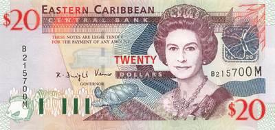 小福收藏拍卖第205期 裸钞场 本期有多张豹子号靓号  大量民国钞 百慕大样钞洋葱冠全套  阿富汗首年份查希尔国王和独立纪念碑 仅发行1000枚亚克力砖封蒙古20000图格里克帝国800周年纪念钞 卢旺达 东加勒比 斯里兰卡等多国精美纸币 - 东加勒比（M）蒙特塞拉特  2003年 20元 双尾 unc