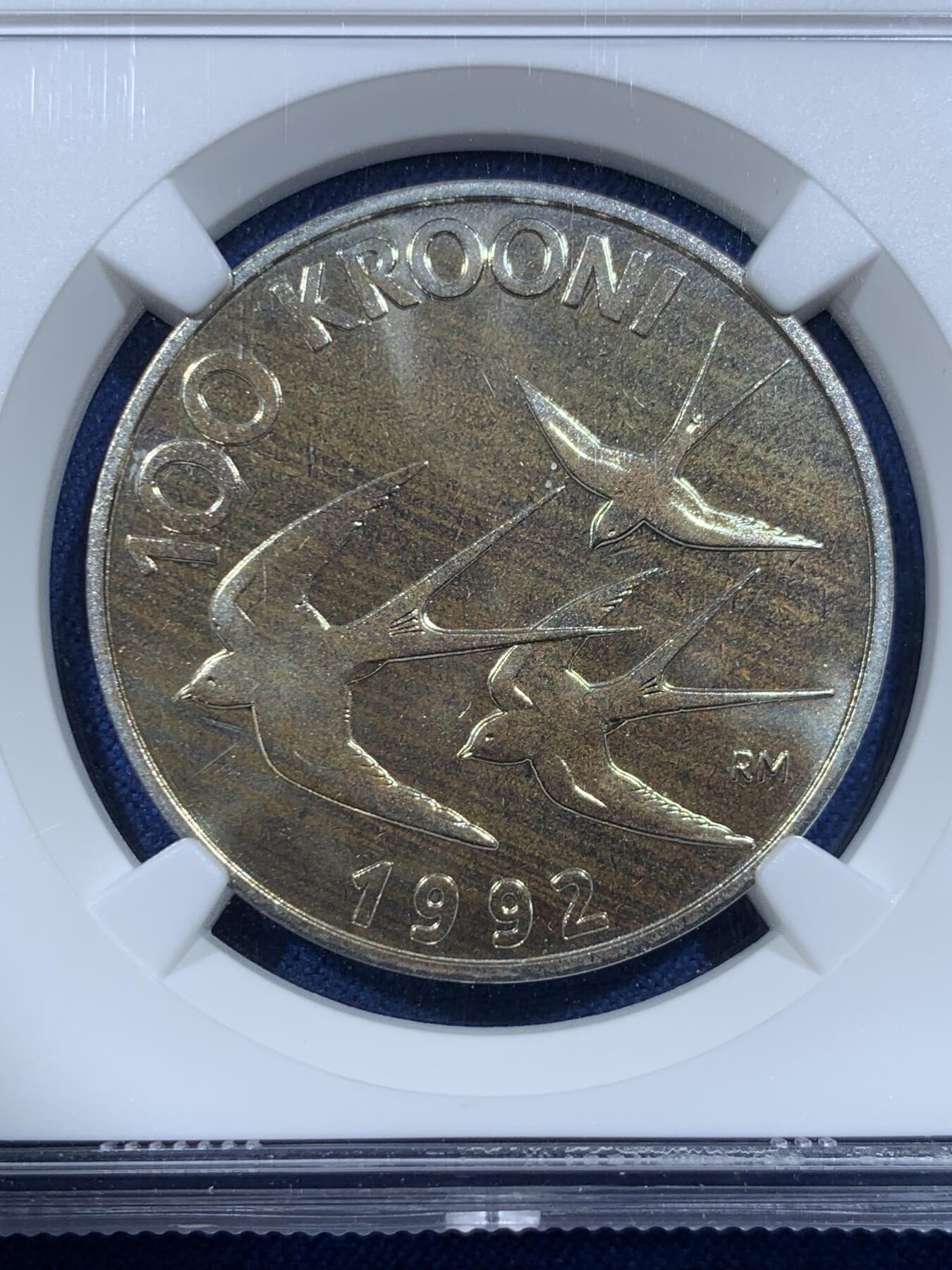 《竞宝斋》第482场 周日，周一 2场连拍 （全场包邮）20级店铺 欢迎送拍 NGC PF67 爱沙尼亚1992年100克朗银币，燕子主题，独立纪念精制币，镜面工艺，状态一流，爱沙尼亚独立后首套流通币系列，少见早期品种