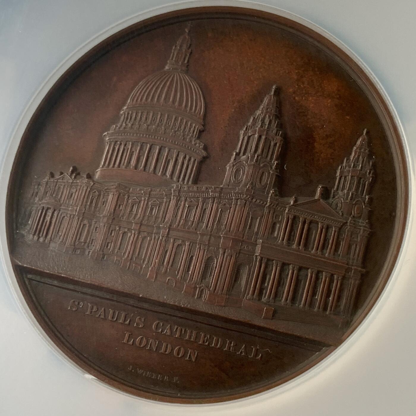 掌中浮雕-藏着的欧洲第059场 NGC MS62 ：1856年英国圣保罗大教堂铜章，J.Wiener雕刻，59mm，