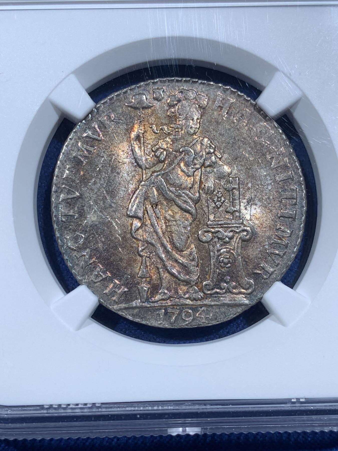 《竞宝斋》第482场 周日，周一 2场连拍 （全场包邮）20级店铺 欢迎送拍 NGC UNCD 荷兰1794年乌特勒支1盾银币，炫丽五彩，高点清晰，值得入藏。