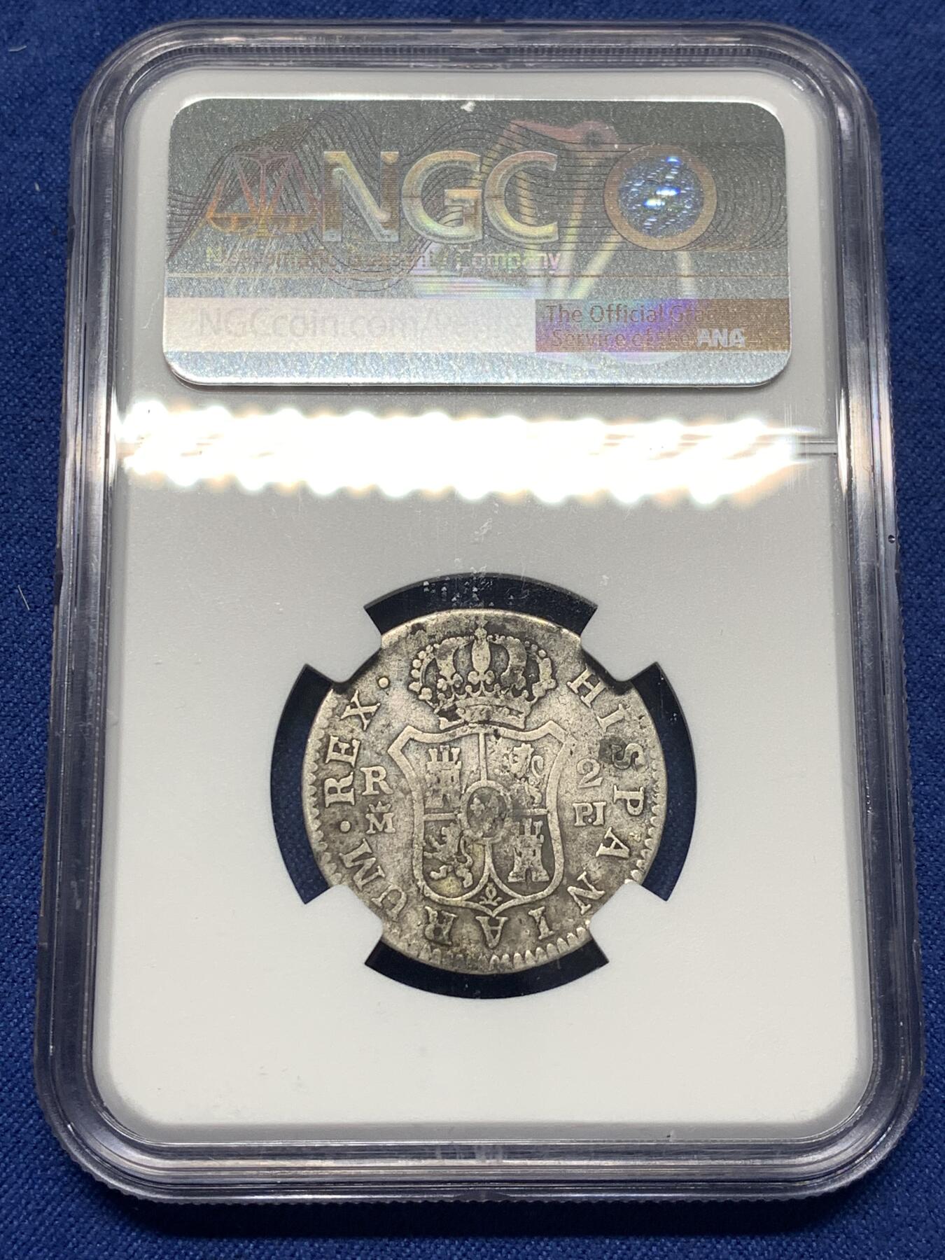 《竞宝斋》第482场 周日，周一 2场连拍 （全场包邮）20级店铺 欢迎送拍 NGC VGD 1778年西班牙本土2里亚尔银币，卡洛斯三世时期，马德里厂打制/M.验金师PJ，花边，少见品种。