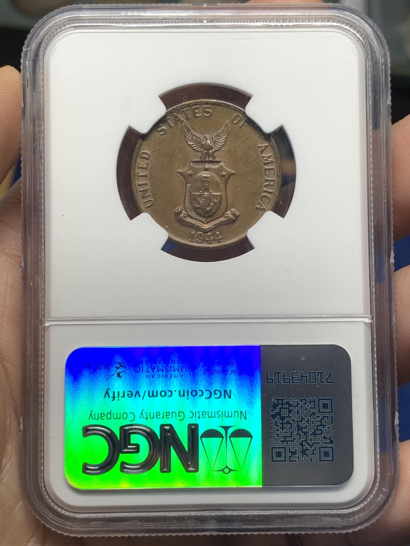 《竞宝斋》第482场 周日，周一 2场连拍 （全场包邮）20级店铺 欢迎送拍 NGC MS62BN 菲律宾 1944年 1分 铜币 红光俱在