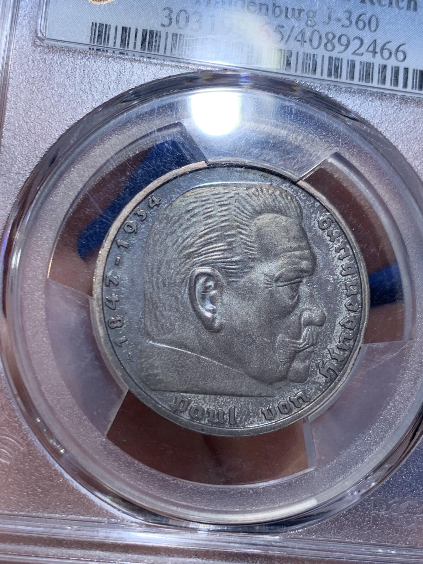 《竞宝斋》第482场 周日，周一 2场连拍 （全场包邮）20级店铺 欢迎送拍 PCGS PR65 德国 1935A 兴登堡精制5马克 亚军分，高分精制主币，五彩镜面