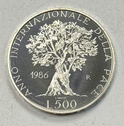 S&S Numismatic世界钱币-拍卖 第126期  意大利1986年 国际和平年 500里拉精制纪念银币 11克835银  品相如图，裸币