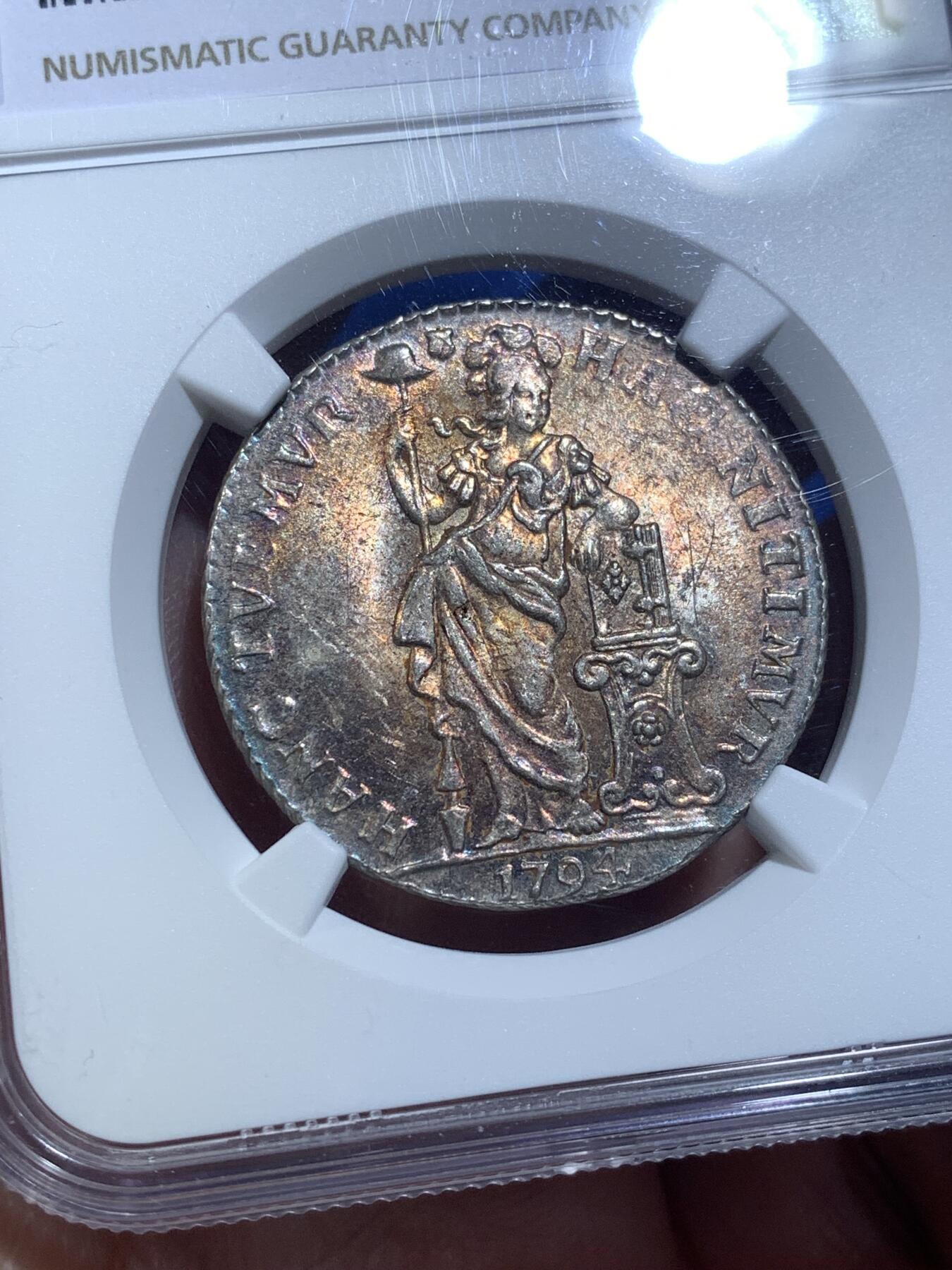 《竞宝斋》第482场 周日，周一 2场连拍 （全场包邮）20级店铺 欢迎送拍 NGC UNCD 荷兰1794年乌特勒支1盾银币，炫丽五彩，高点清晰，值得入藏。