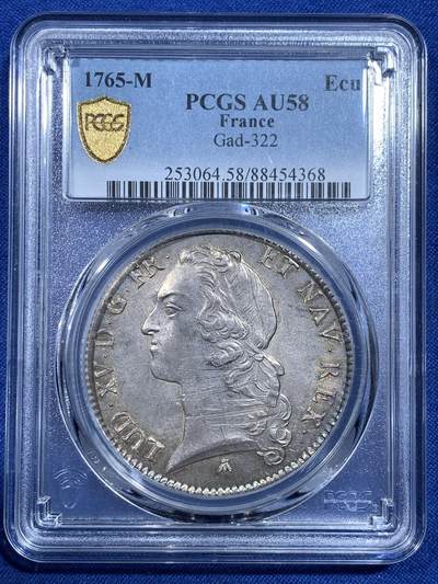 《竞宝斋》第482场 周日，周一 2场连拍 （全场包邮）20级店铺 欢迎送拍 - 唯一冠军分 PCGS AU58 法国1765M路易十五埃居 M厂图卢兹铸造，稀有度R3。 PCGS NGC 双冠军分，且均为唯一评级记录！ 整体状态很好，深打制很难得，金彩，眼神很犀利，观赏性很高。