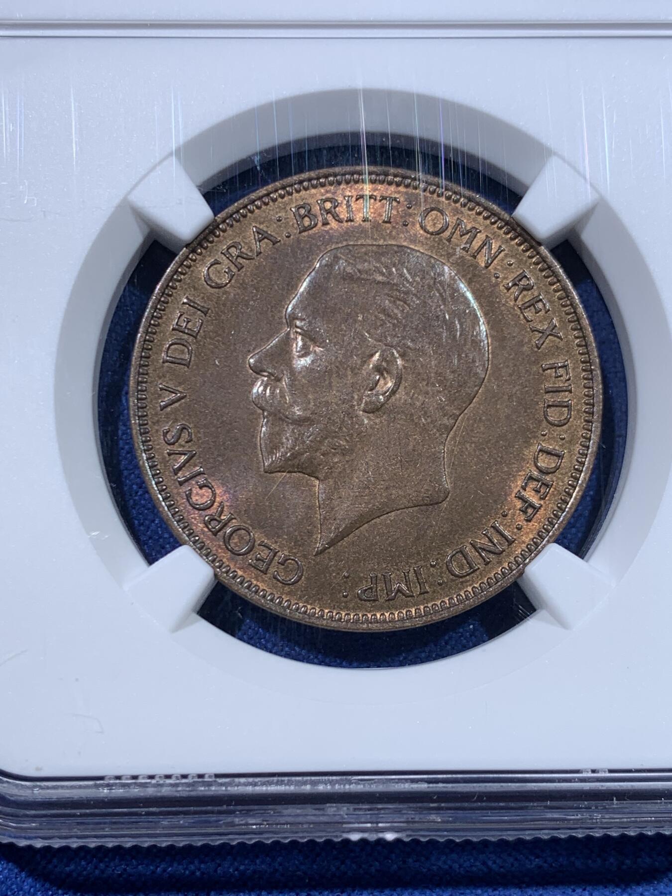 《竞宝斋》第482场 周日，周一 2场连拍 （全场包邮）20级店铺 欢迎送拍 NGC MS63BN 英国1936年乔治五世1便士大铜币，铜光挺好，状态不错，便士流通充分，好品较少