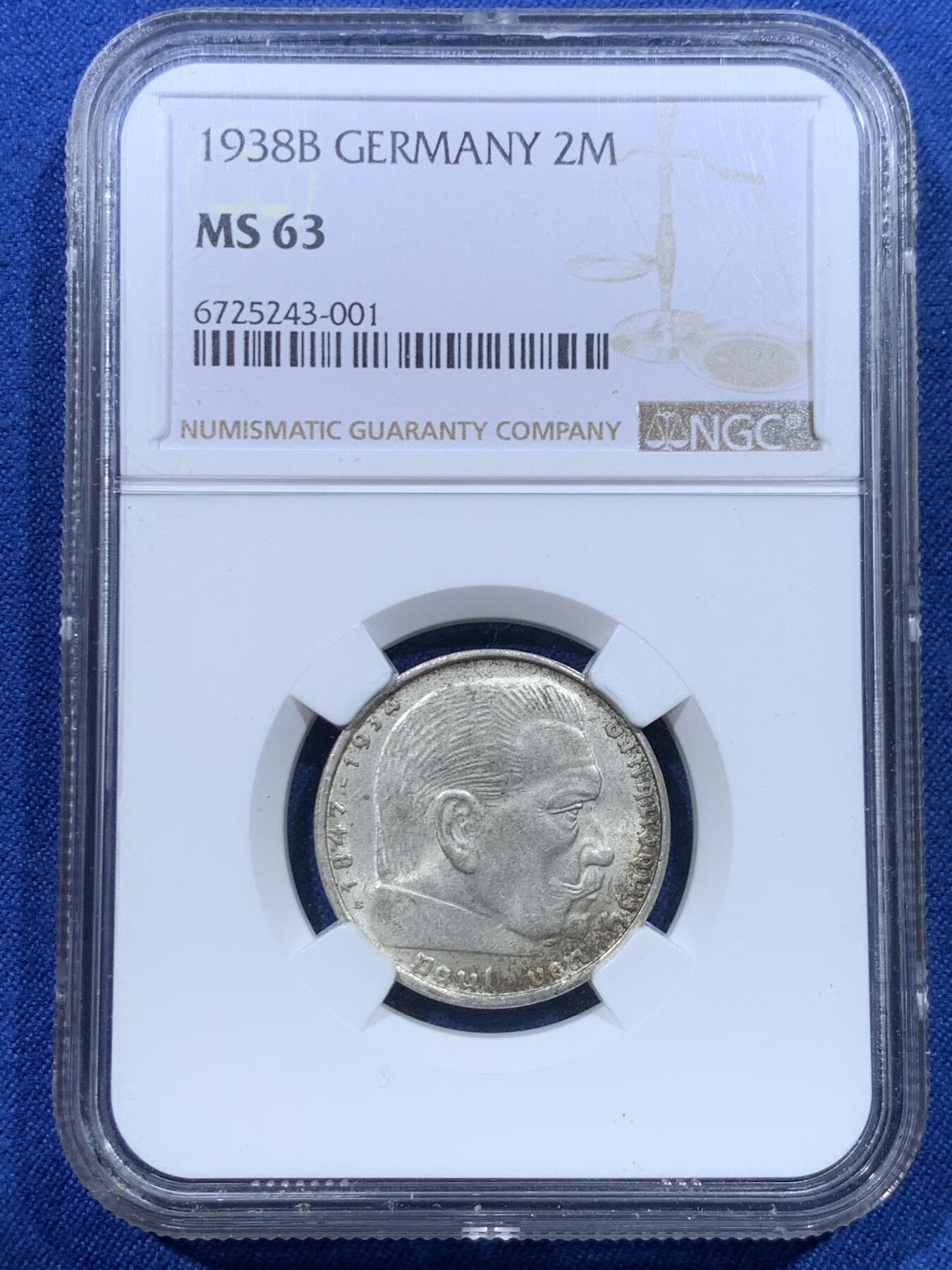 《竞宝斋》第482场 周日，周一 2场连拍 （全场包邮）20级店铺 欢迎送拍 NGC MS63 德国1938B帝国时期兴登堡2马克银币，25mm/8克。