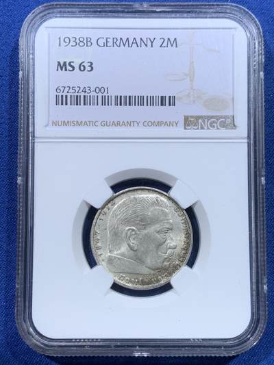 《竞宝斋》第482场 周日，周一 2场连拍 （全场包邮）20级店铺 欢迎送拍 - NGC MS63 德国1938B帝国时期兴登堡2马克银币，25mm/8克。