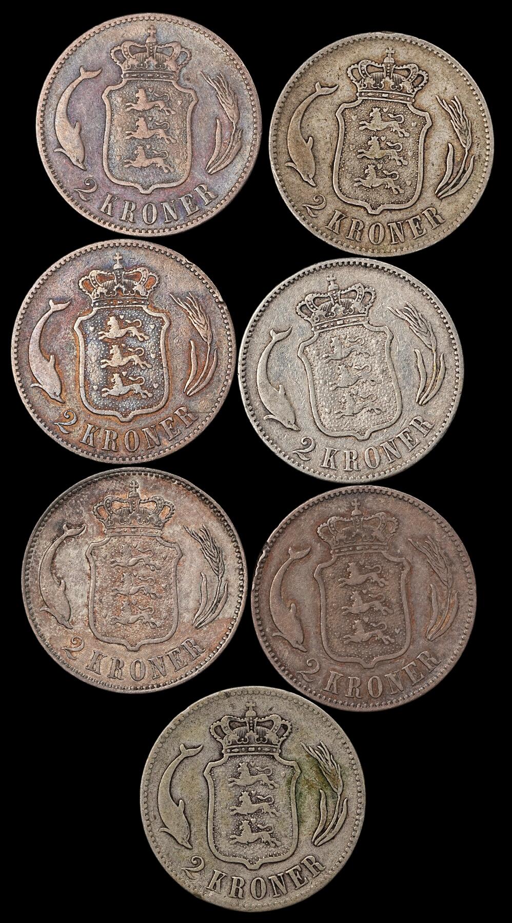 修遠堂世界钱币第112期 丹麦克里斯蒂安九世海豚2 克朗银币一组，总重102.98g，含银80%