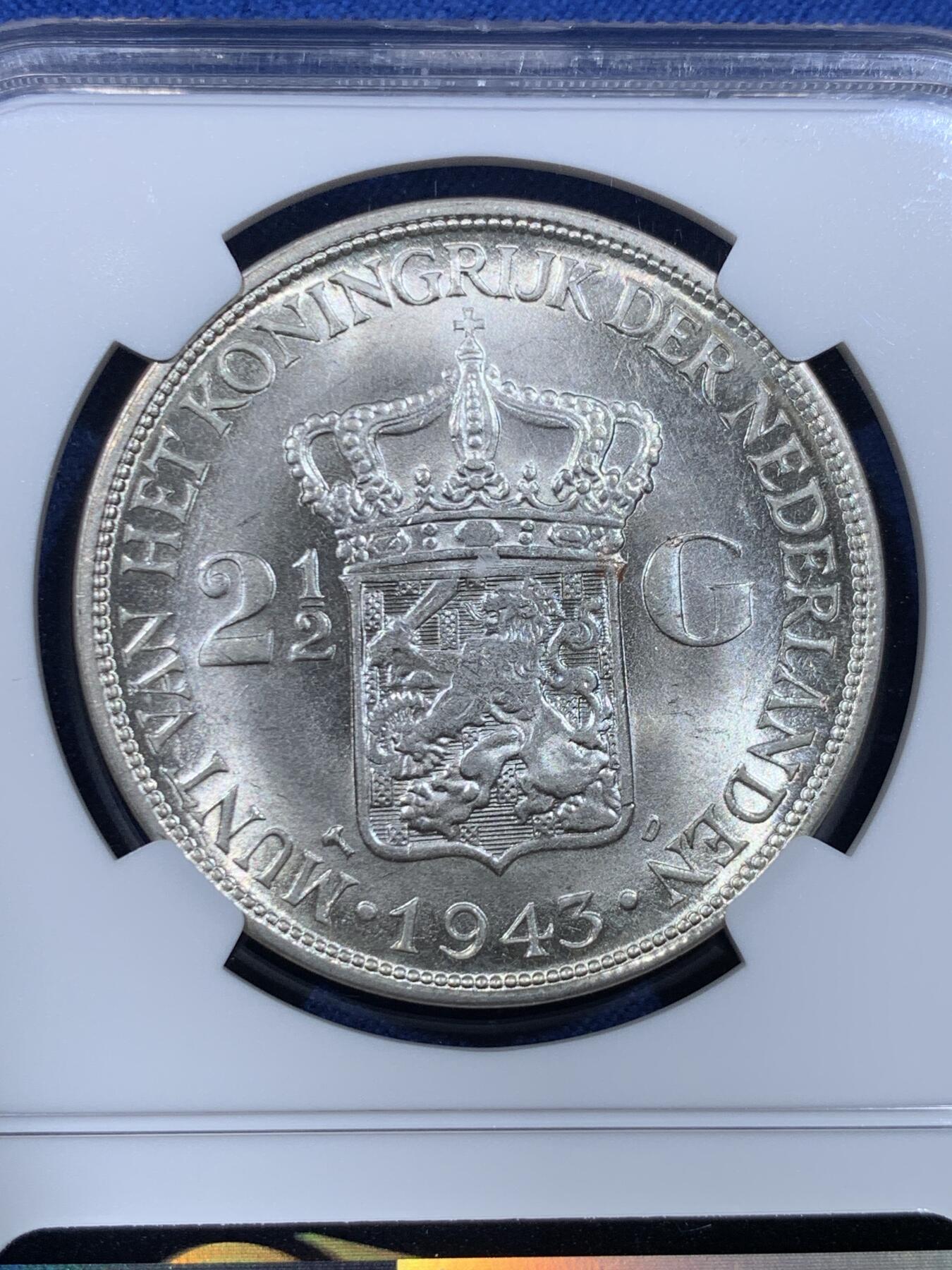 《竞宝斋》第482场 周日，周一 2场连拍 （全场包邮）20级店铺 欢迎送拍 NGC MS65 荷属东印度1943年D版威廉明娜2.5盾银币 品相好 亚军分