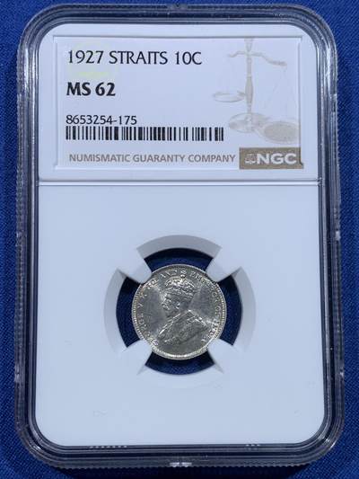 《竞宝斋》第482场 周日，周一 2场连拍 （全场包邮）20级店铺 欢迎送拍 - NGC MS62 英属海峡1927年乔五10分银币