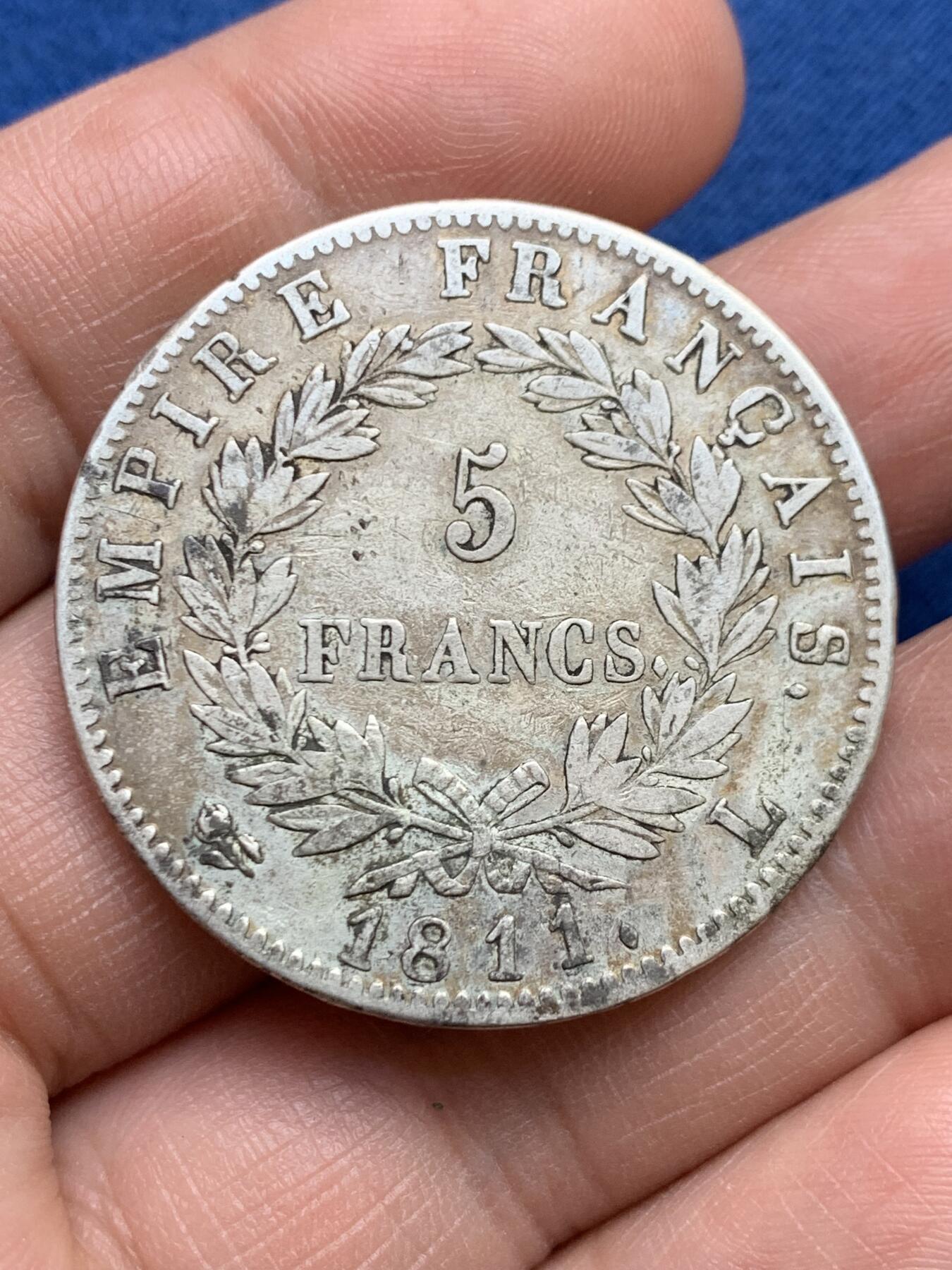 《竞宝斋》第482场 周日，周一 2场连拍 （全场包邮）20级店铺 欢迎送拍 法国1811年T版拿破仑一世5法郎大银币，南特造币厂