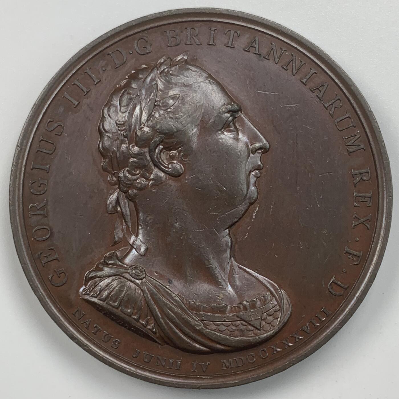 掌中浮雕-藏着的欧洲第059场 1801年爱尔兰并入大不列颠，合并为大不列颠及爱尔兰联合王国纪念铜章，正面乔治三世头像，48mm
