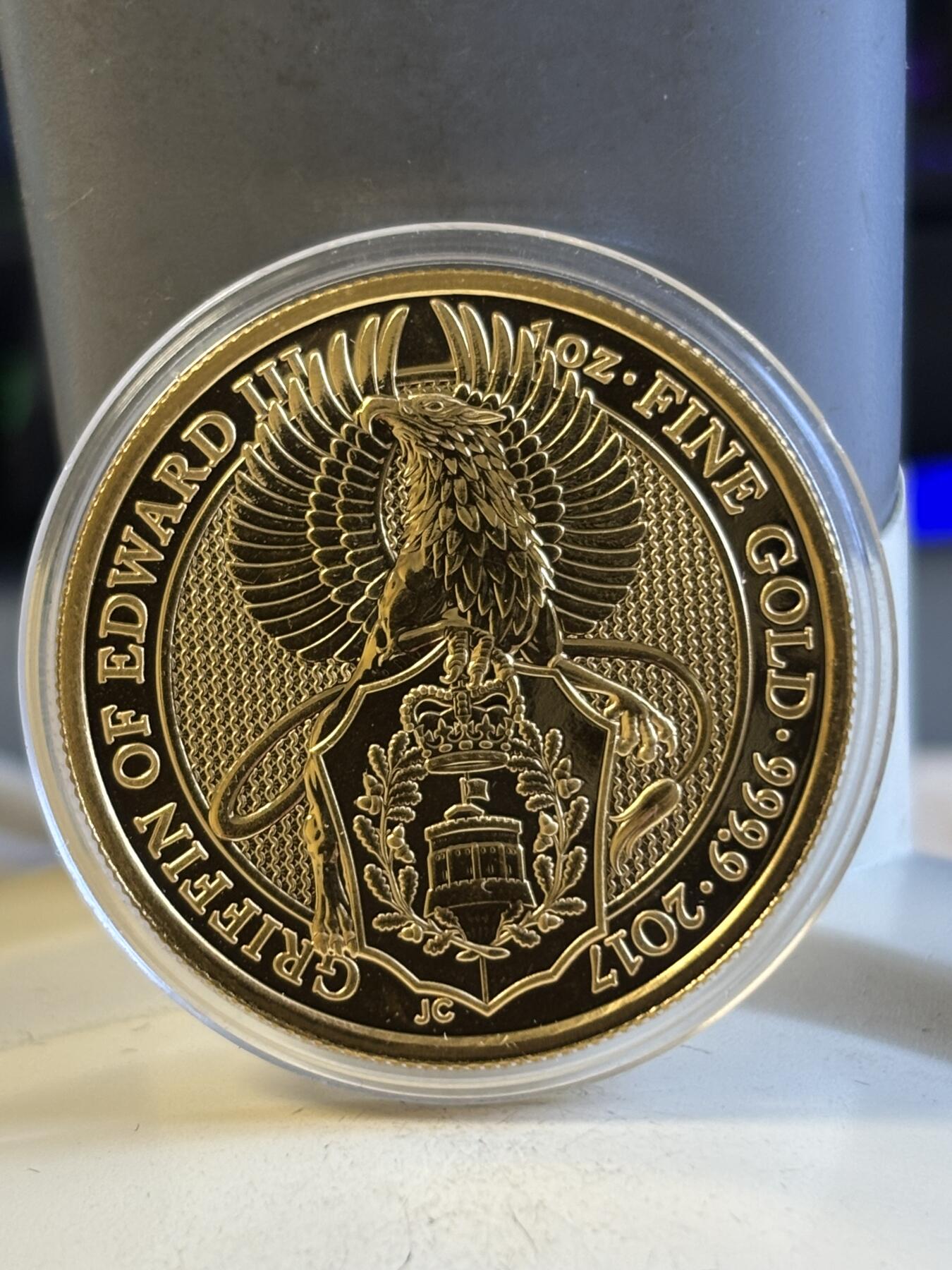 第197期拍卖 英国2017年女王神兽系列格里芬鹰1盎司纪念金币，9999金