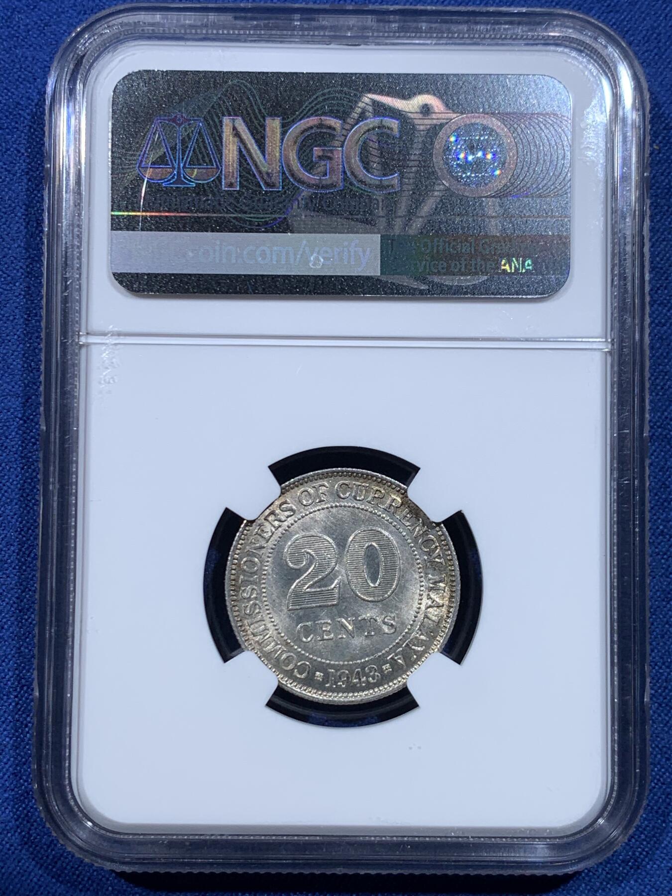 《竞宝斋》第482场 周日，周一 2场连拍 （全场包邮）20级店铺 欢迎送拍 NGC MS64 马来亚1943年乔六20分银币 少见BU状态，光度非常好的一枚