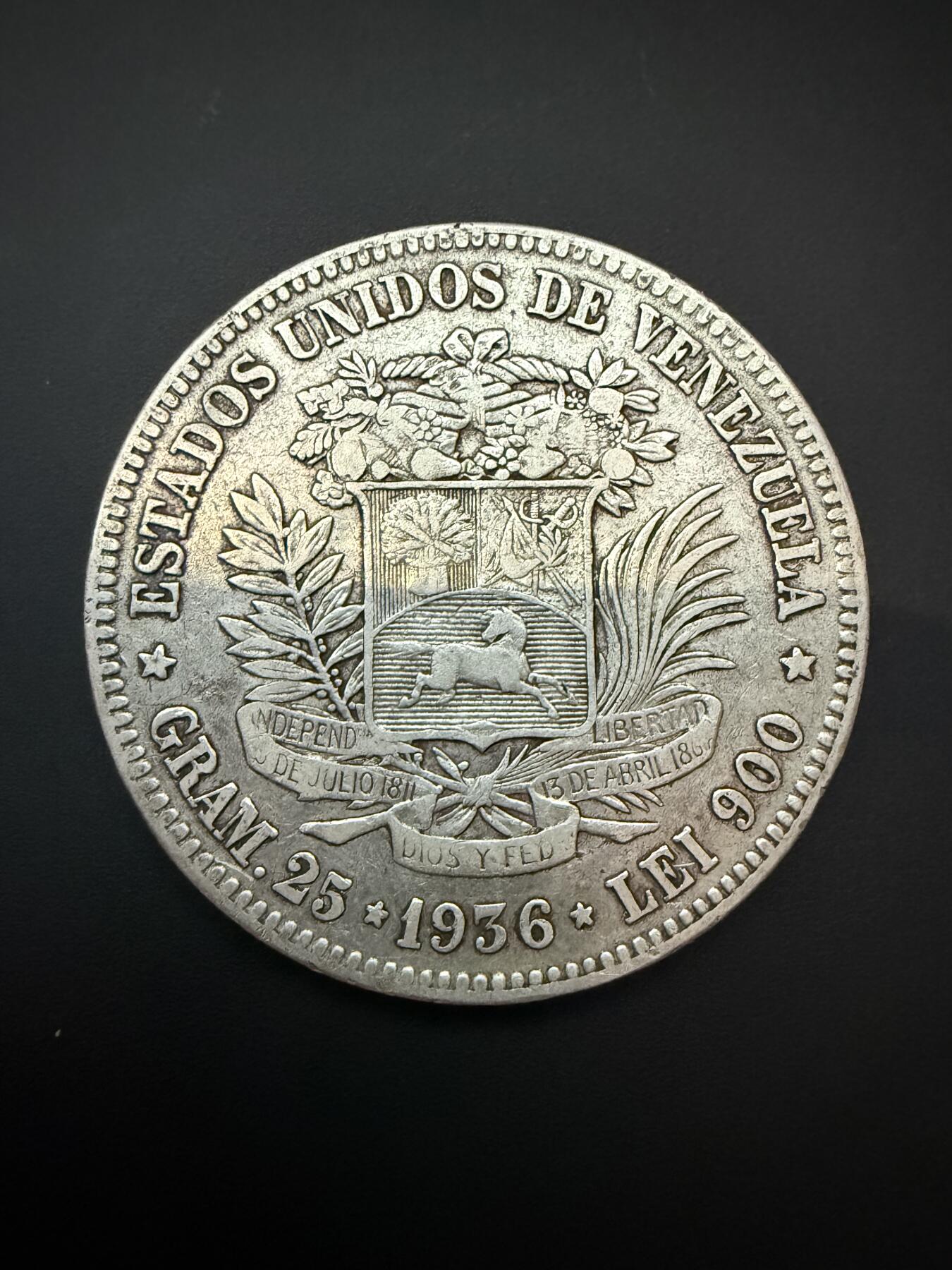 【周六 19:30】乾藏阁外国银币专场・裸币 / 评级币 + 银章铜章 保真包老 1936年委内瑞拉5玻利瓦尔银币 大玻利瓦尔