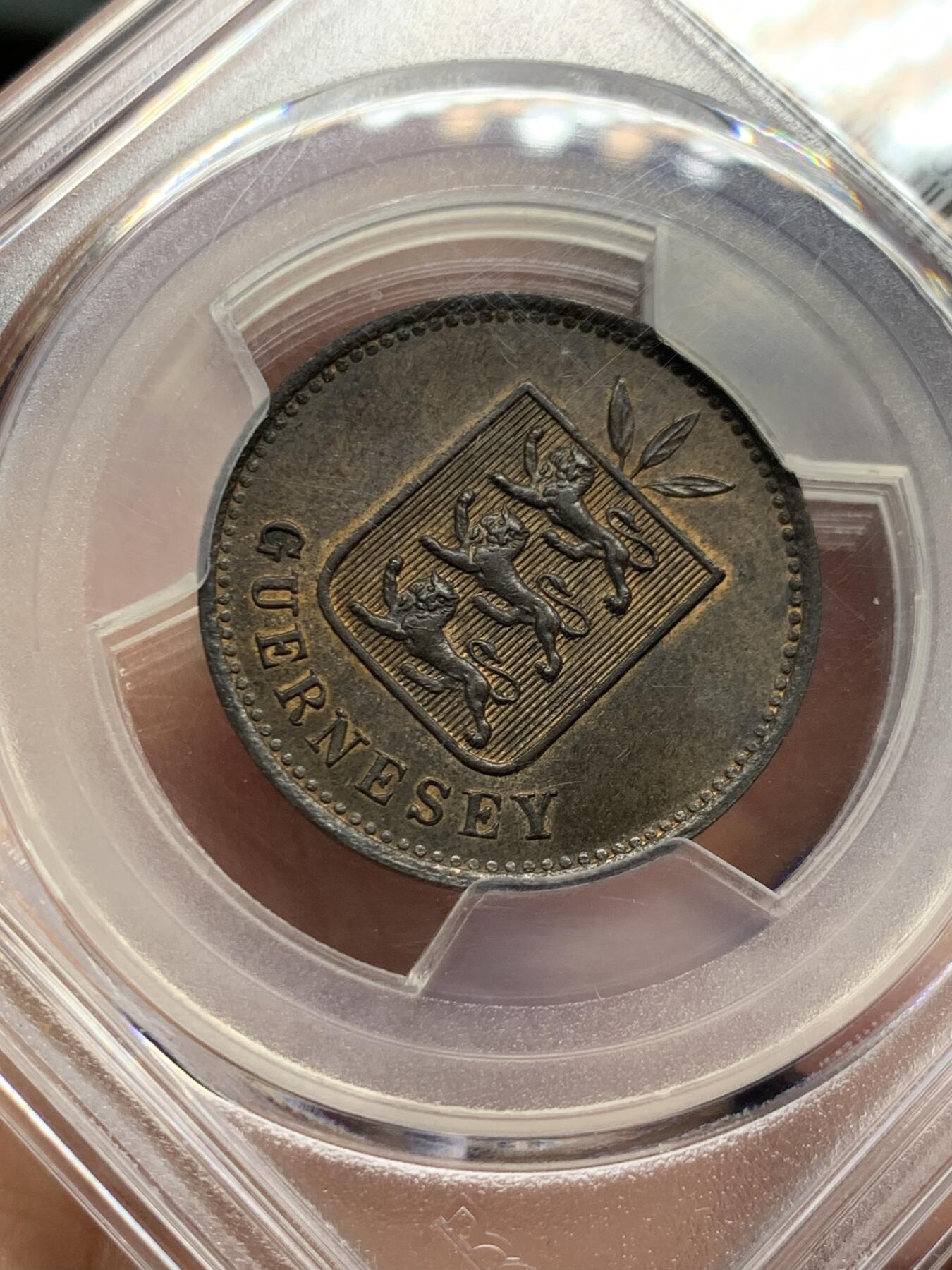 《竞宝斋》第482场 周日，周一 2场连拍 （全场包邮）20级店铺 欢迎送拍 PCGS PR63BN 唯一冠军分 根西岛1885年4道布精制铜币，首见，极为稀少的根西精铸版，一骑绝尘的分数，PC亚军就只有AU50了。SBP拍卖22年N盒SP61分160美元不含佣成交，63错过难遇