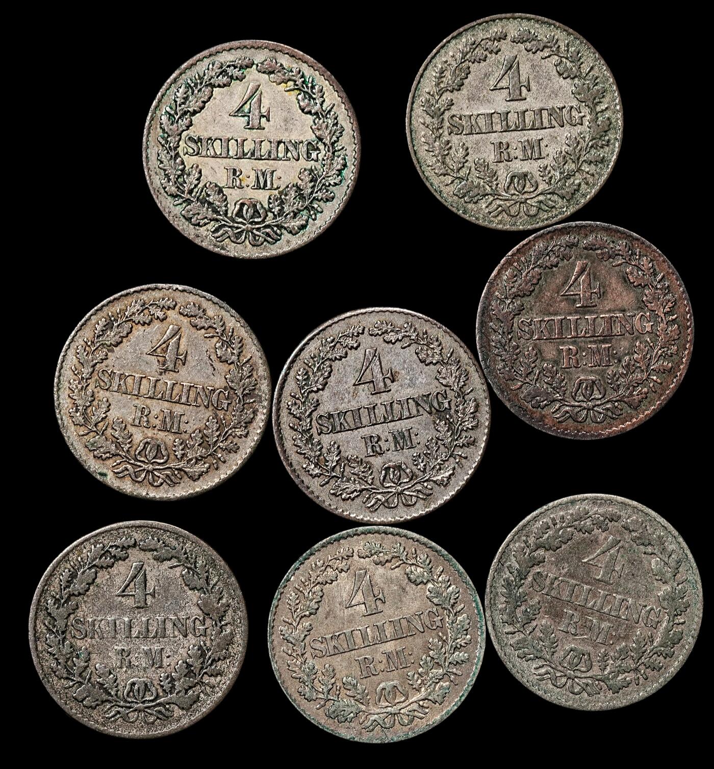 修遠堂世界钱币第112期 19世纪丹麦4 SKILLING RIGSMONT银币一组，14.75g，含银25%
