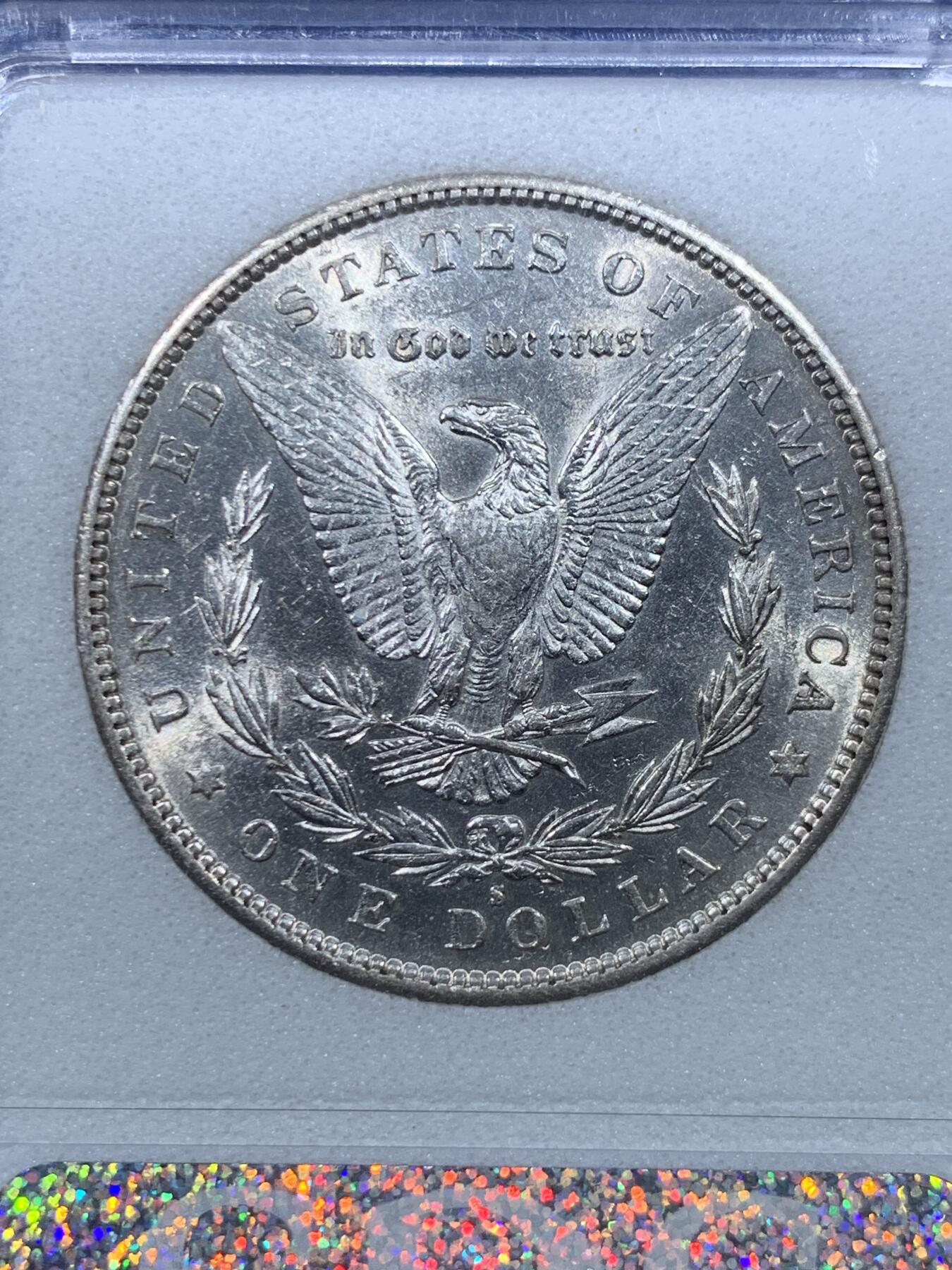 《竞宝斋》第482场 周日，周一 2场连拍 （全场包邮）20级店铺 欢迎送拍 SGS MS63 美国1890年摩根1美元银币 少见的封装盒 细节见图