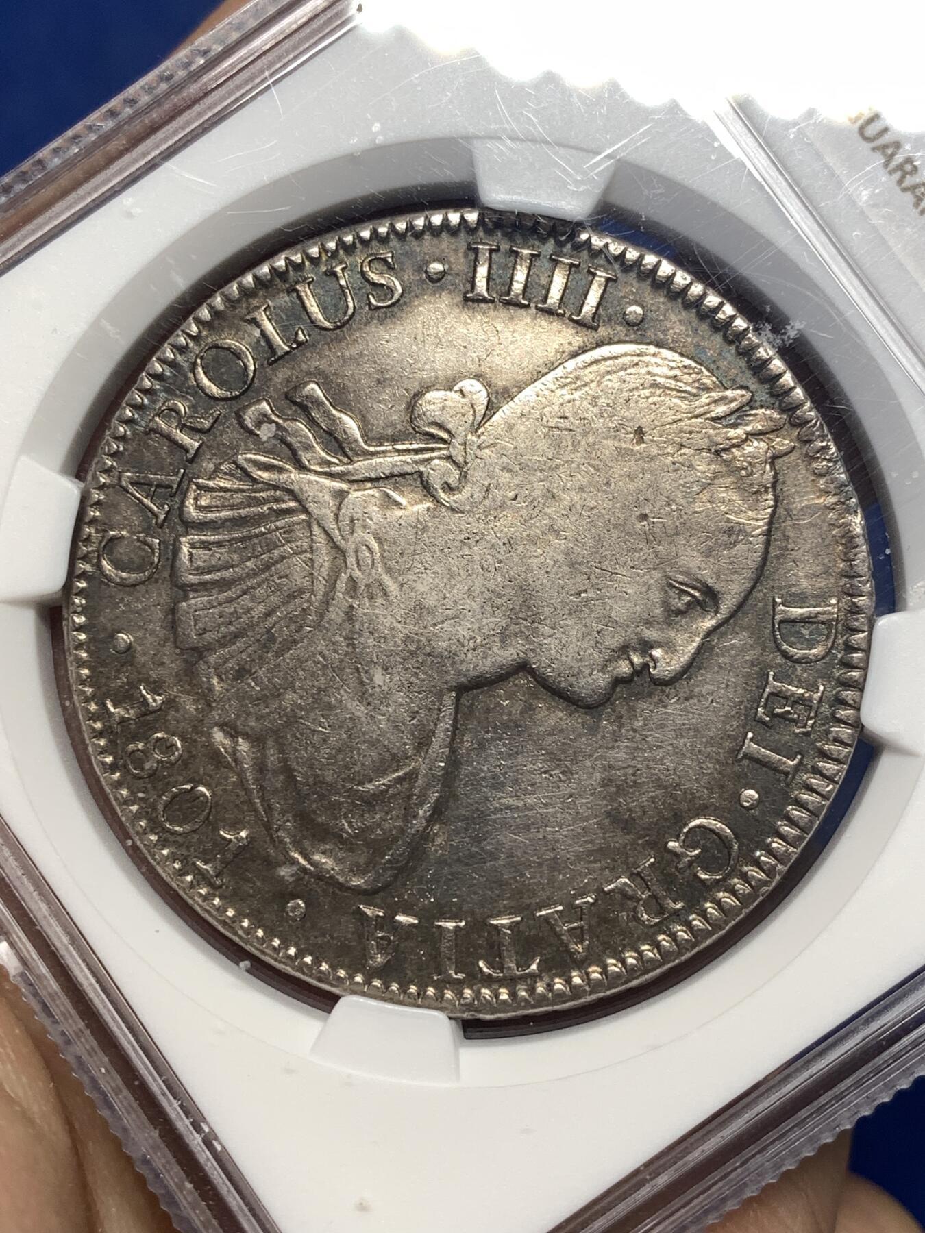 《竞宝斋》第482场 周日，周一 2场连拍 （全场包邮）20级店铺 欢迎送拍 NGC VFD 1801年西属墨西哥卡洛斯四世8R银币 F·T/F·M骑字版