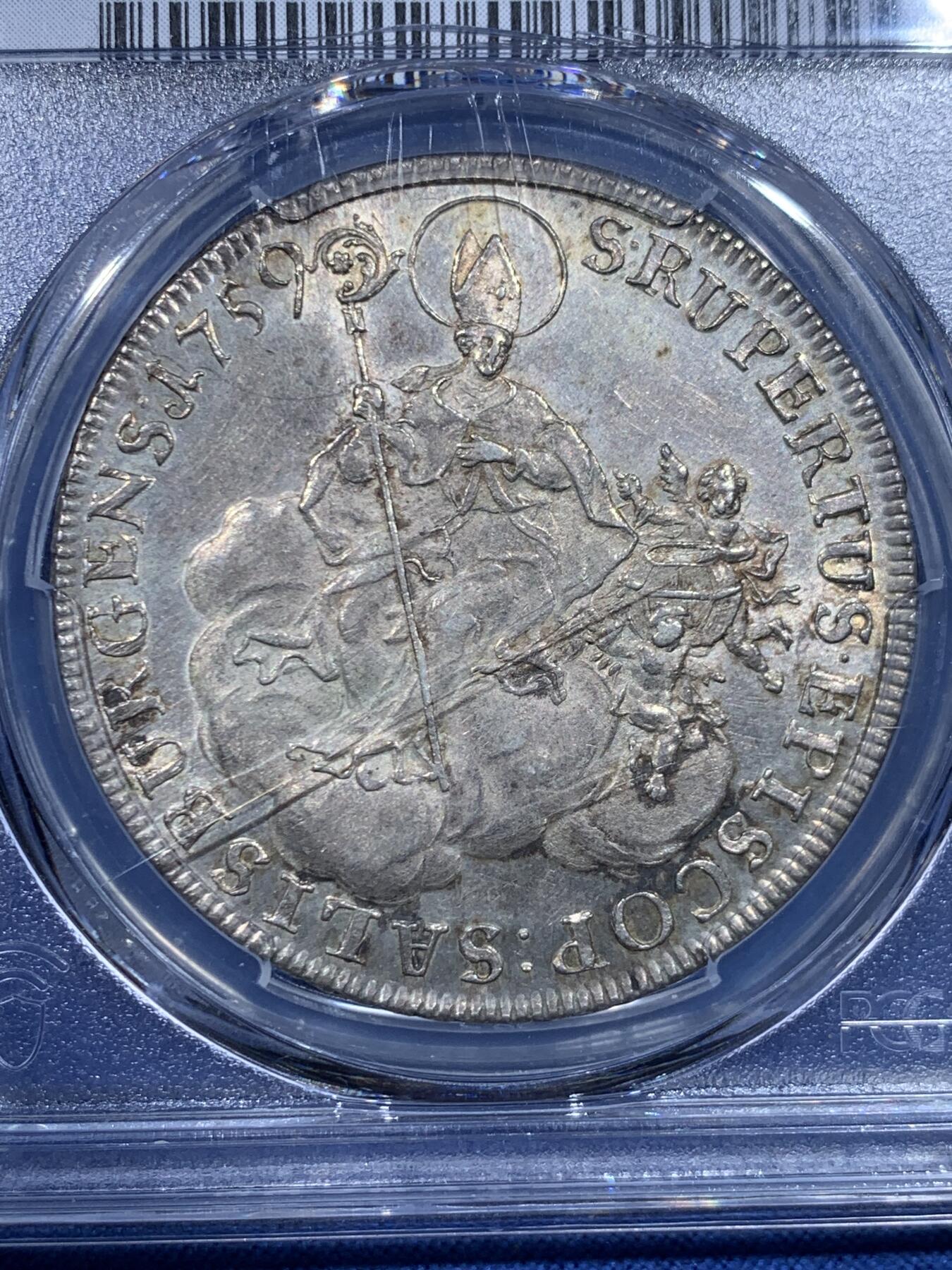 《竞宝斋》第482场 周日，周一 2场连拍 （全场包邮）20级店铺 欢迎送拍 唯一冠军分 PCGS MS62 神圣罗马帝国萨尔茨堡 1759年 主教区泰勒大银币 独年流通泰勒 好品极少 盒子上有裂纹 对于这样品质的藏品来说盒子问题已经可以忽略