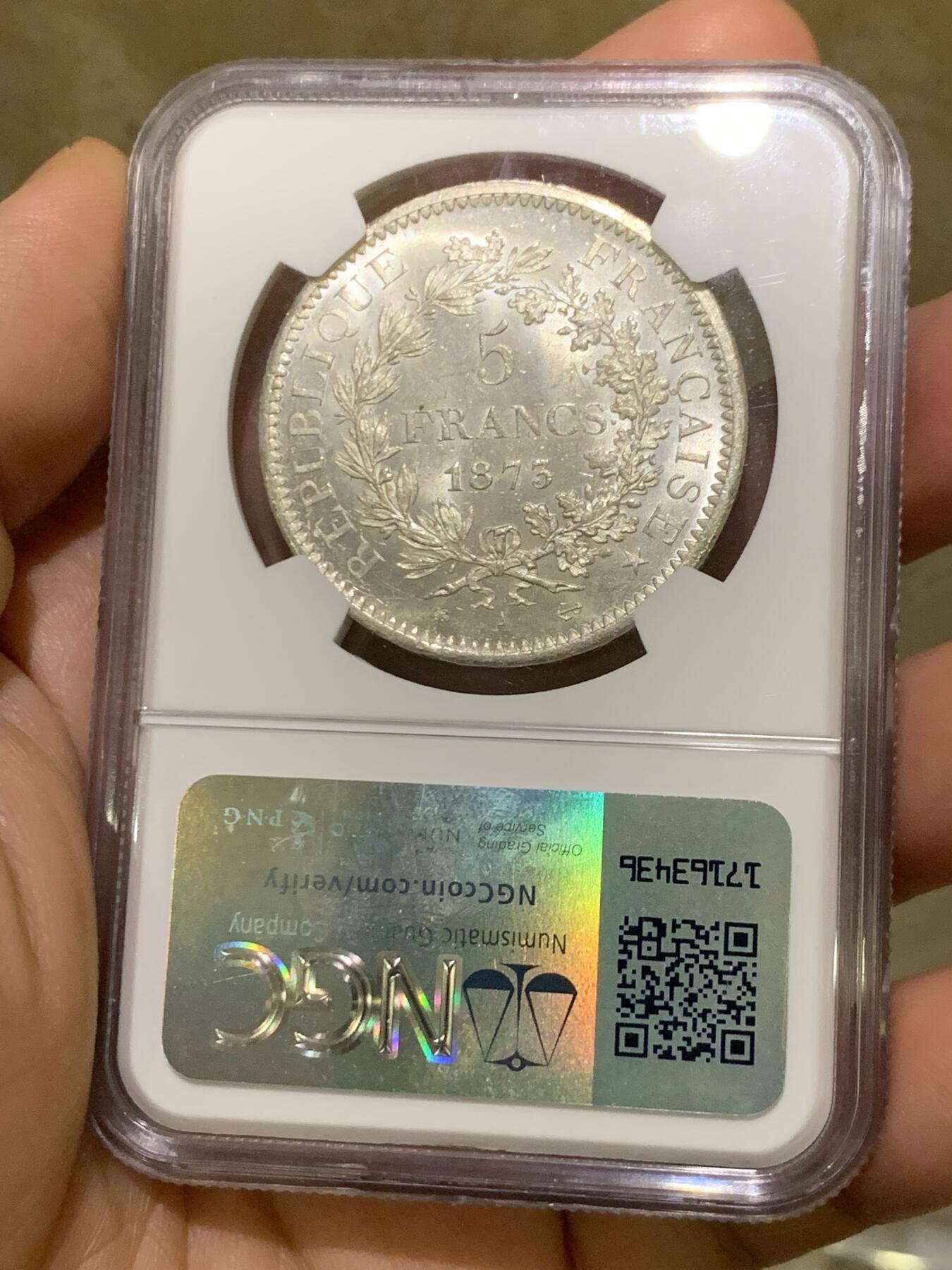 《竞宝斋》第482场 周日，周一 2场连拍 （全场包邮）20级店铺 欢迎送拍 NGC MS64 法国 法兰西第三共和国1873A大力神5法郎银币 好品好质感 分数也不错