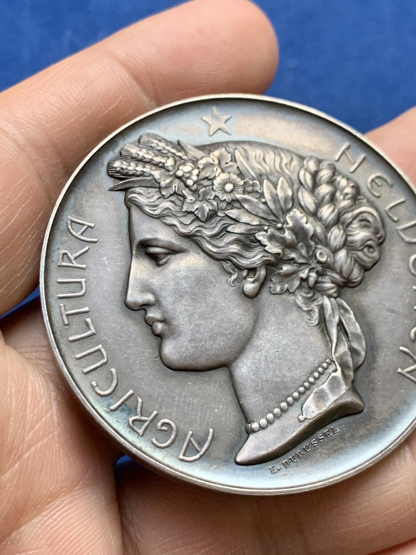 《竞宝斋》第482场 周日，周一 2场连拍 （全场包邮）20级店铺 欢迎送拍 瑞士1903年弗劳恩菲尔德大银章，瑞士第七届农林业博览会银章，直径50mm左右，重约53克左右，非常经典的铁灰包浆，很养眼，上手舒服。