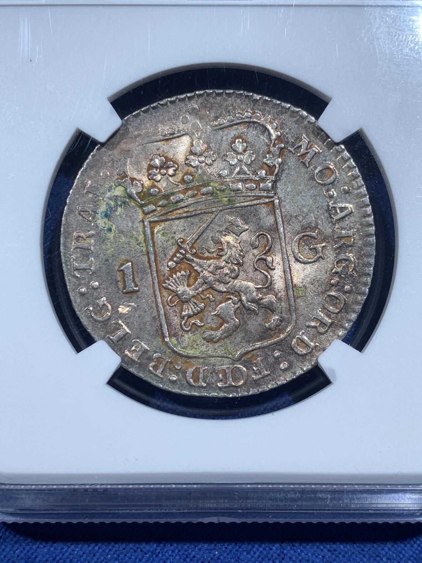 《竞宝斋》第482场 周日，周一 2场连拍 （全场包邮）20级店铺 欢迎送拍 NGC UNCD 荷兰1794年乌特勒支1盾银币，炫丽五彩，高点清晰，值得入藏。