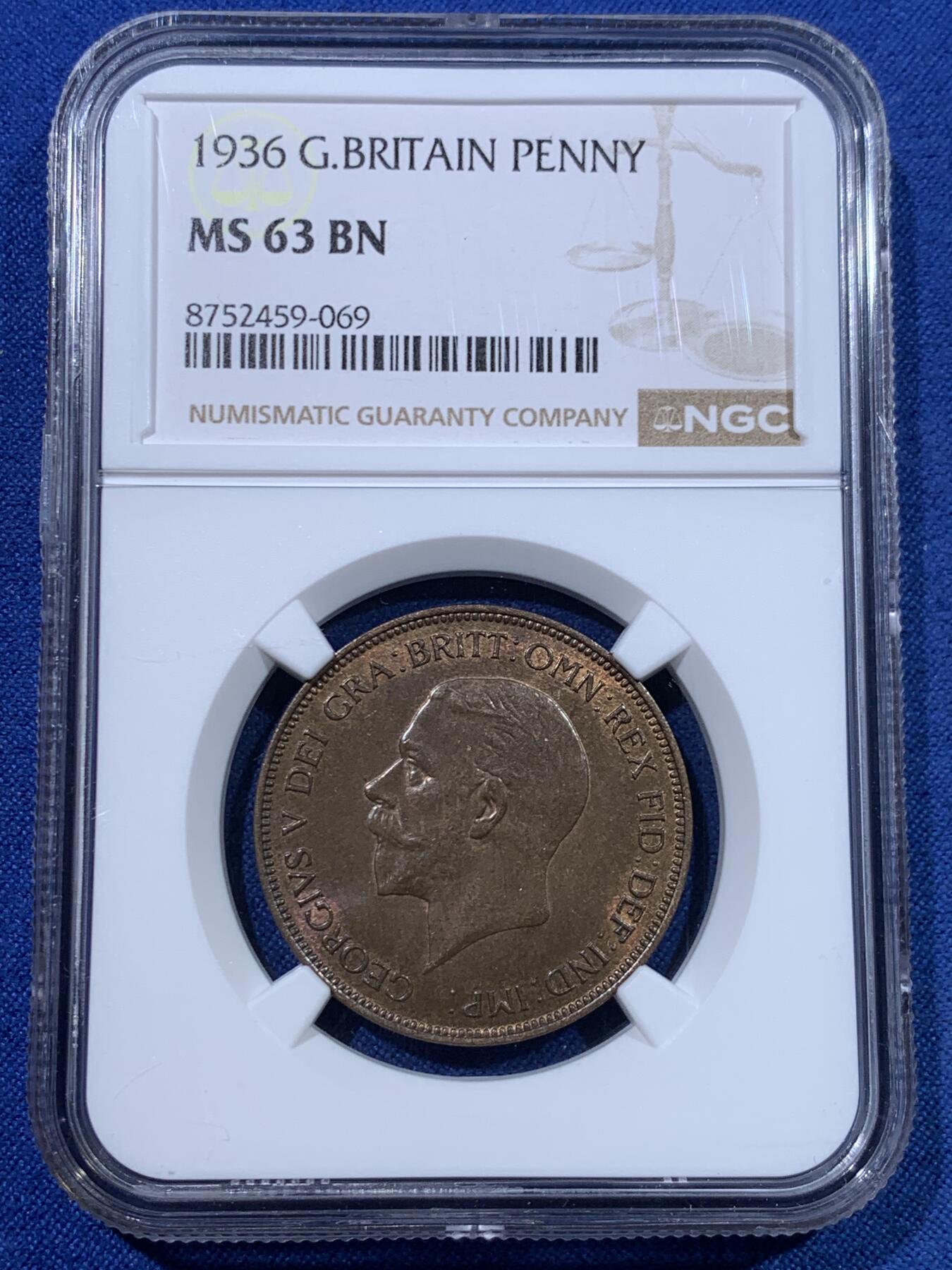 《竞宝斋》第482场 周日，周一 2场连拍 （全场包邮）20级店铺 欢迎送拍 NGC MS63BN 英国1936年乔治五世1便士大铜币，铜光挺好，状态不错，便士流通充分，好品较少