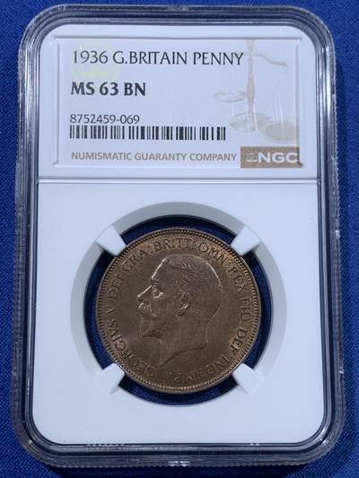《竞宝斋》第482场 周日，周一 2场连拍 （全场包邮）20级店铺 欢迎送拍 - NGC MS63BN 英国1936年乔治五世1便士大铜币，铜光挺好，状态不错，便士流通充分，好品较少