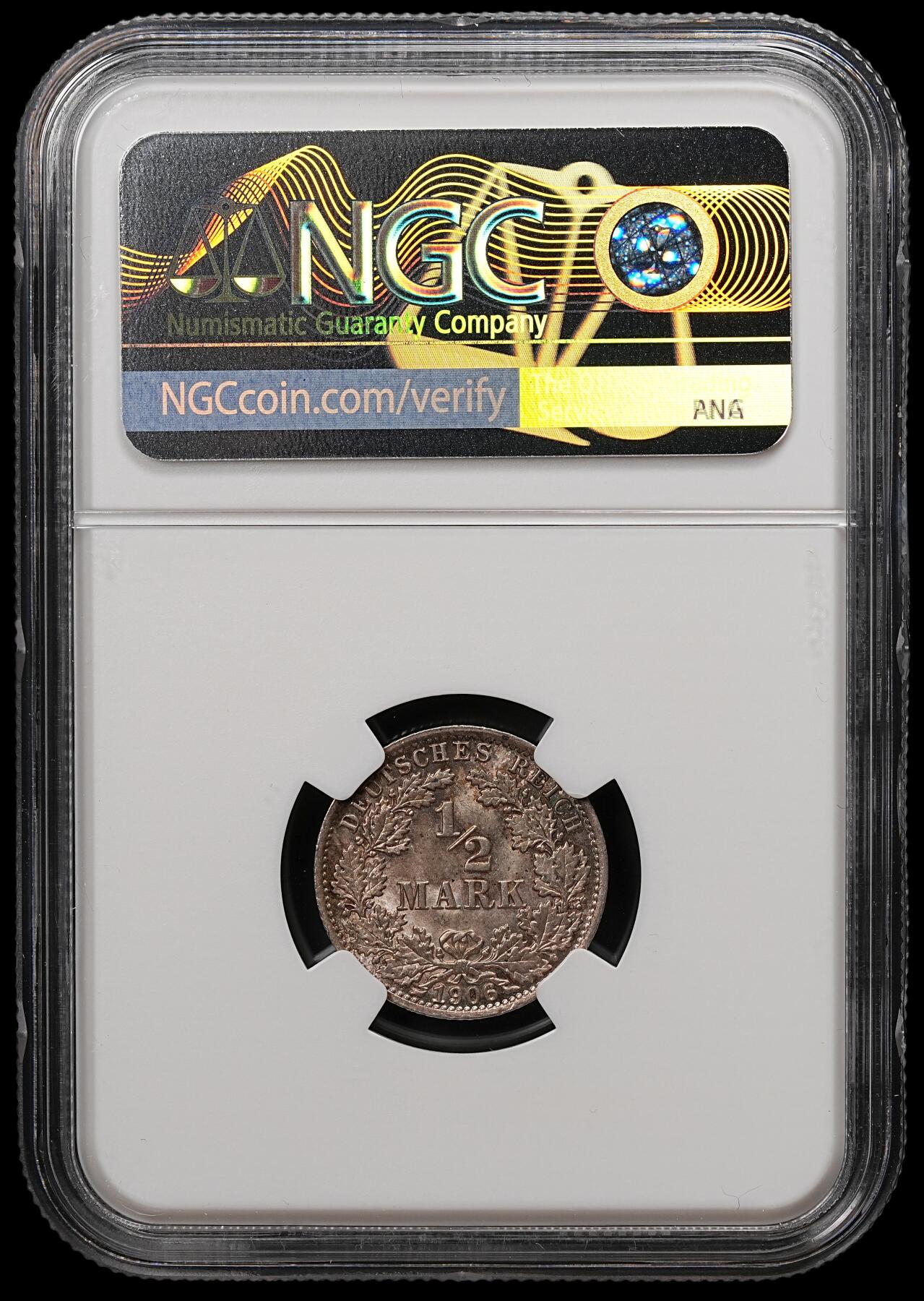 修遠堂世界钱币第112期 NGC MS65 1906年德国1/2马克银币，A厂铭