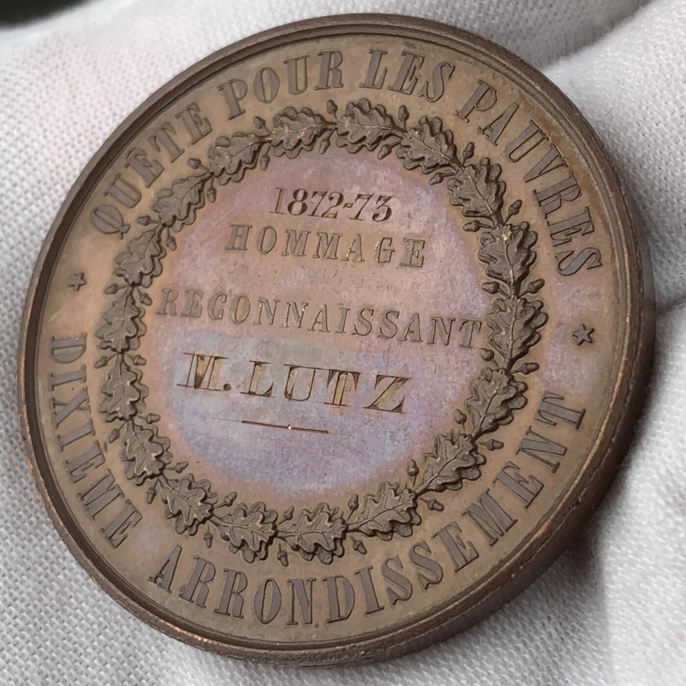 掌中浮雕-藏着的欧洲第059场 1872-73年法国巴黎救助贫困群体纪念铜章，41mm，蜜蜂边铭