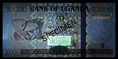 小福收藏拍卖第205期 裸钞场 本期有多张豹子号靓号  大量民国钞 百慕大样钞洋葱冠全套  阿富汗首年份查希尔国王和独立纪念碑 仅发行1000枚亚克力砖封蒙古20000图格里克帝国800周年纪念钞 卢旺达 东加勒比 斯里兰卡等多国精美纸币 乌干达 2005年 10000先令 P-45 首发年 样钞 306号 unc