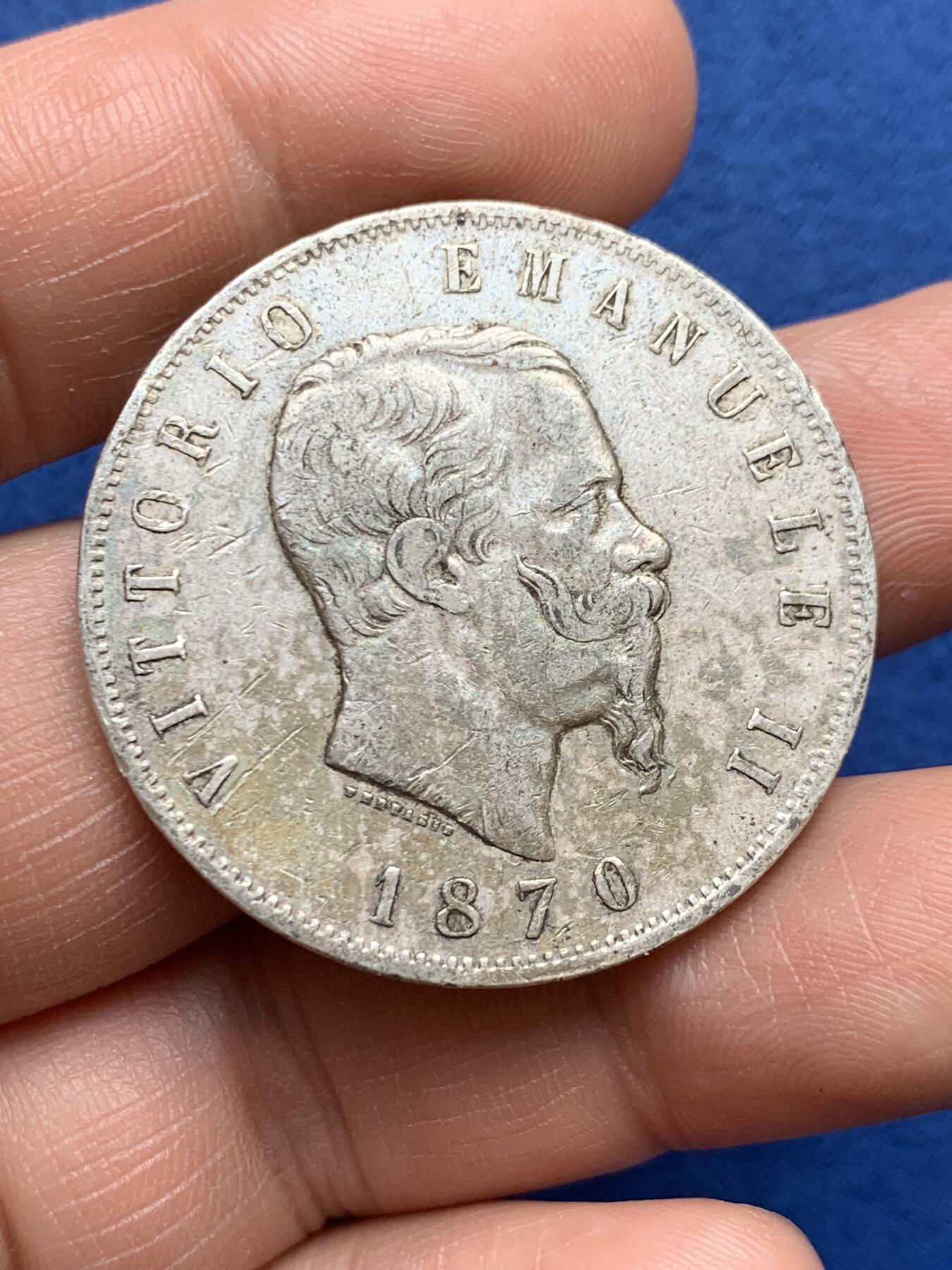 《竞宝斋》第482场 周日，周一 2场连拍 （全场包邮）20级店铺 欢迎送拍 意大利1870年艾曼纽尔二世5里拉银币