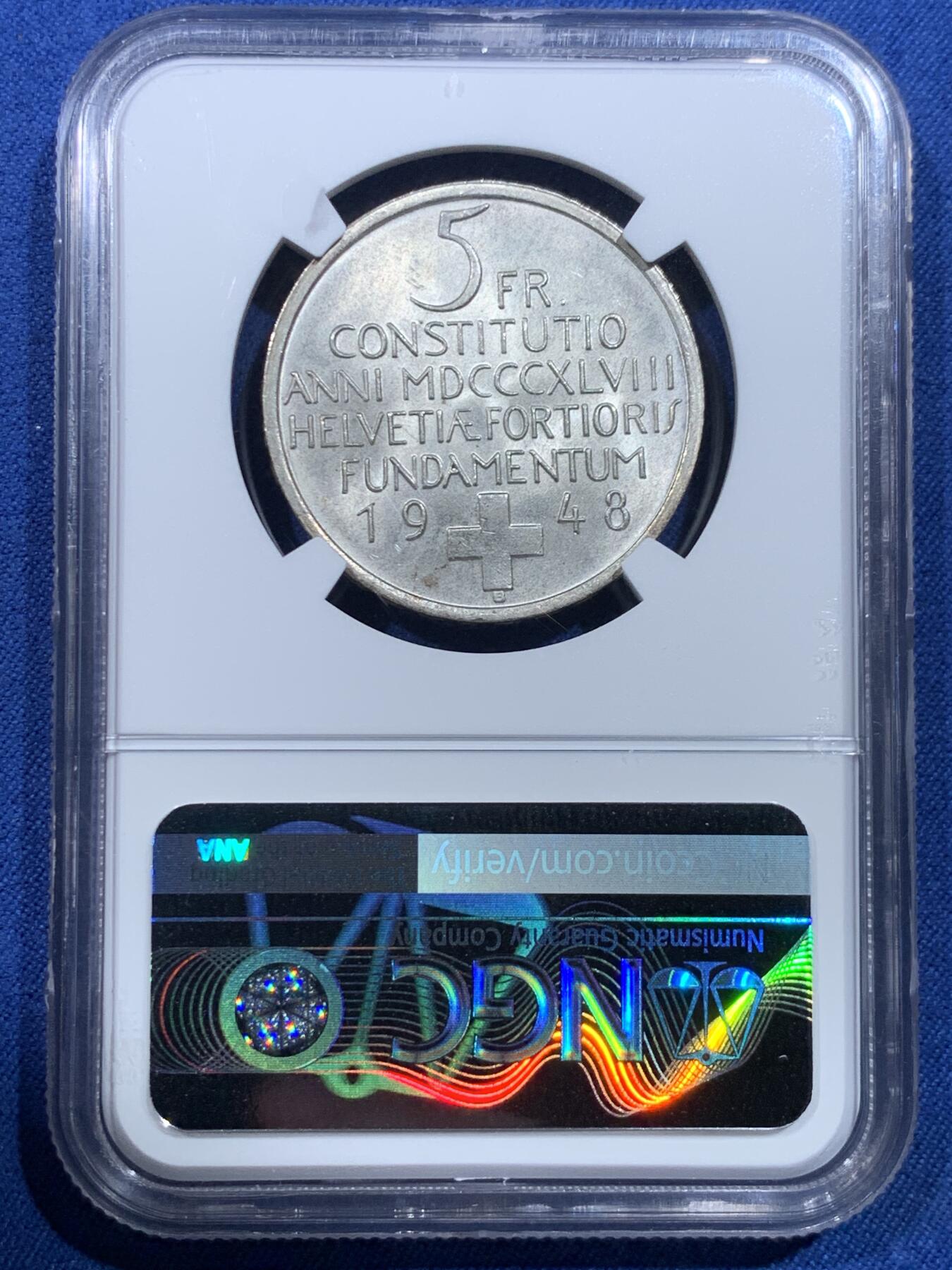 《竞宝斋》第482场 周日，周一 2场连拍 （全场包邮）20级店铺 欢迎送拍 NGC MS65 瑞士1948年宪法百年5法郎银币 整体状态非常好