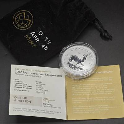 【淘币小摊】实时拍第八百九十六拍   银币套币场    每周一统一发货 南非2017年1兰特克鲁格磨砂非流通银币 跳羚（带50周年私印，纪念金币发行50周年）1盎司999银 带原厂袋子和证书